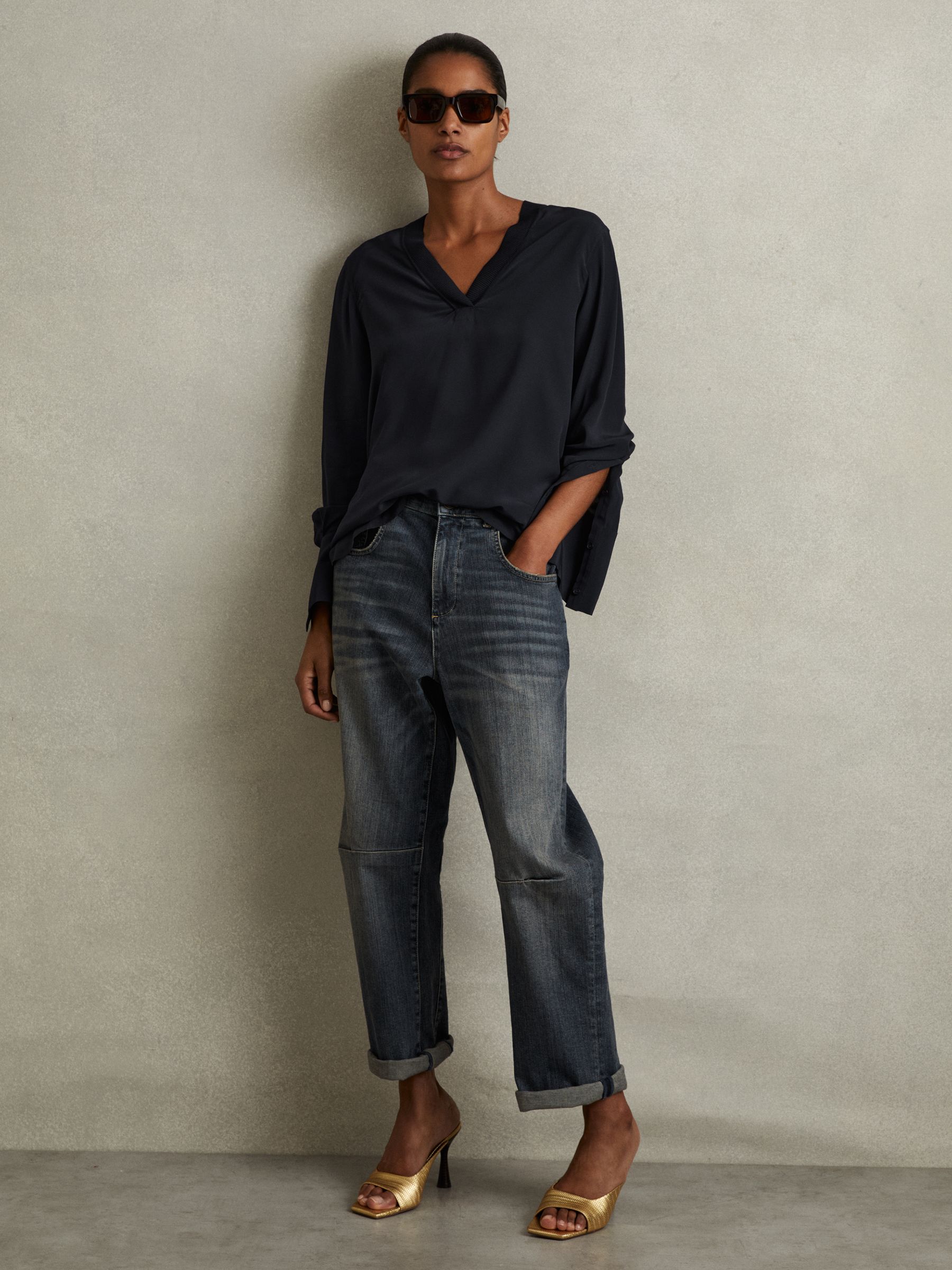 Relaxed High-Low V-Neck Top in Navy - Image 1 of 5