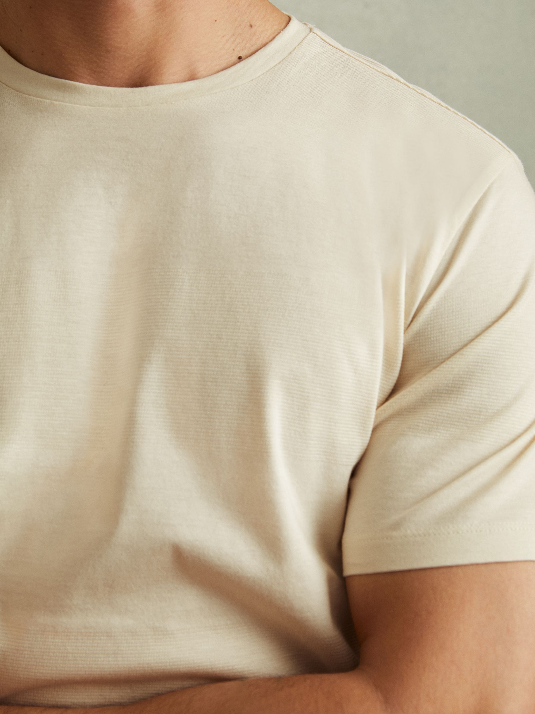 Mercerised Jacquard Crew Neck T-Shirt in Ecru - Image 3 of 5