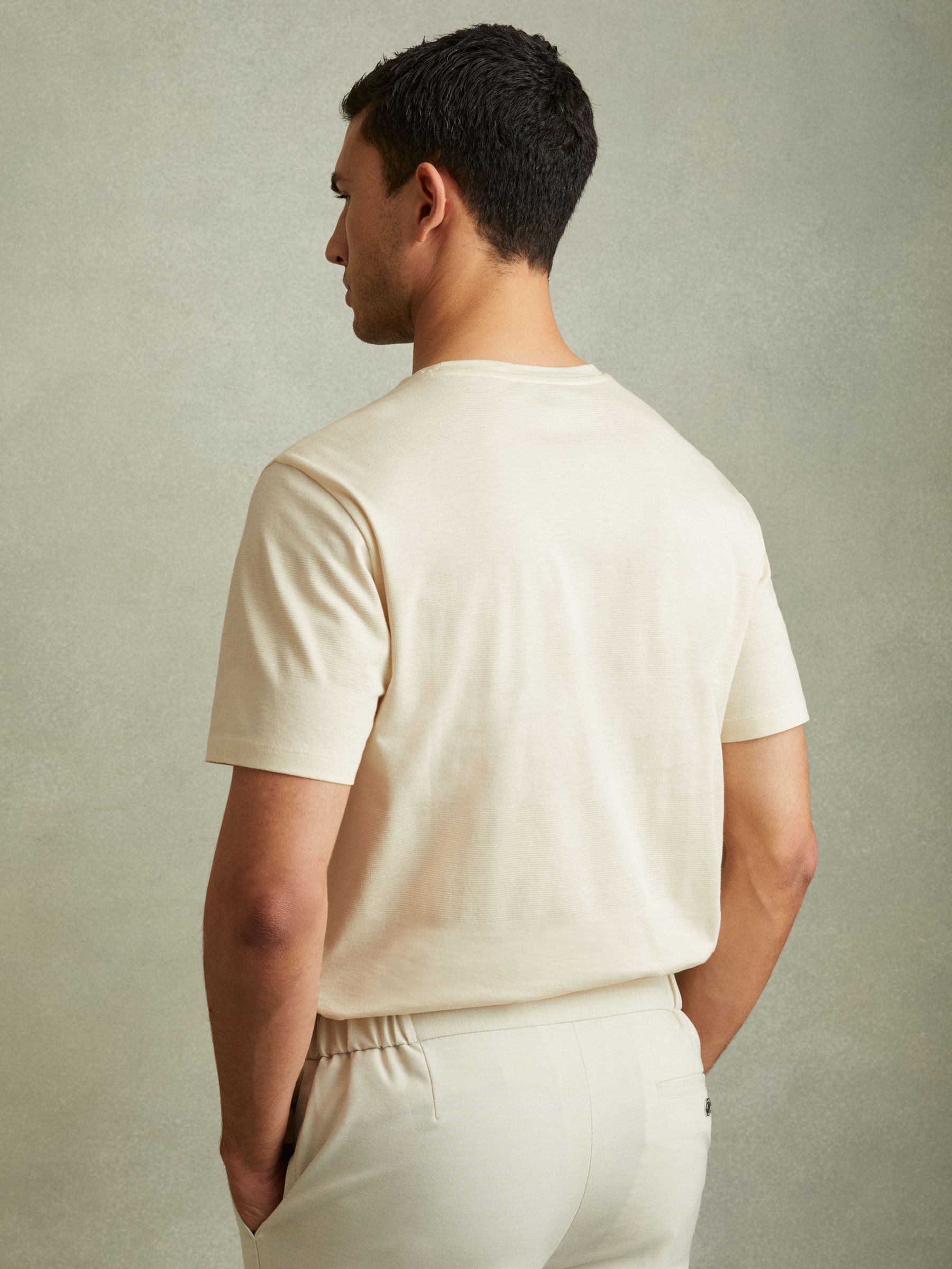 Mercerised Jacquard Crew Neck T-Shirt in Ecru - Image 4 of 5