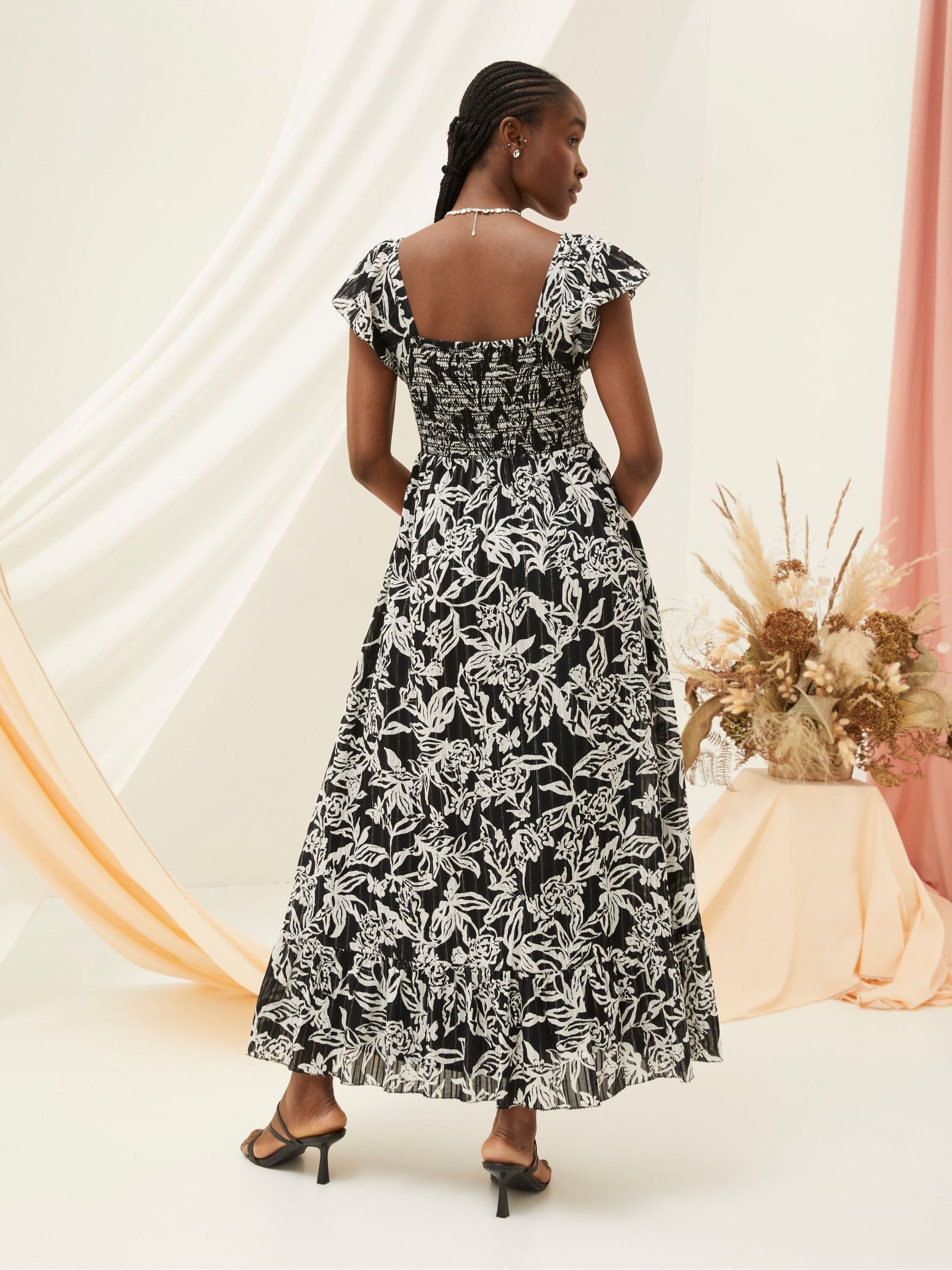 Dahlia Black Botanical Midi Dress | FatFace