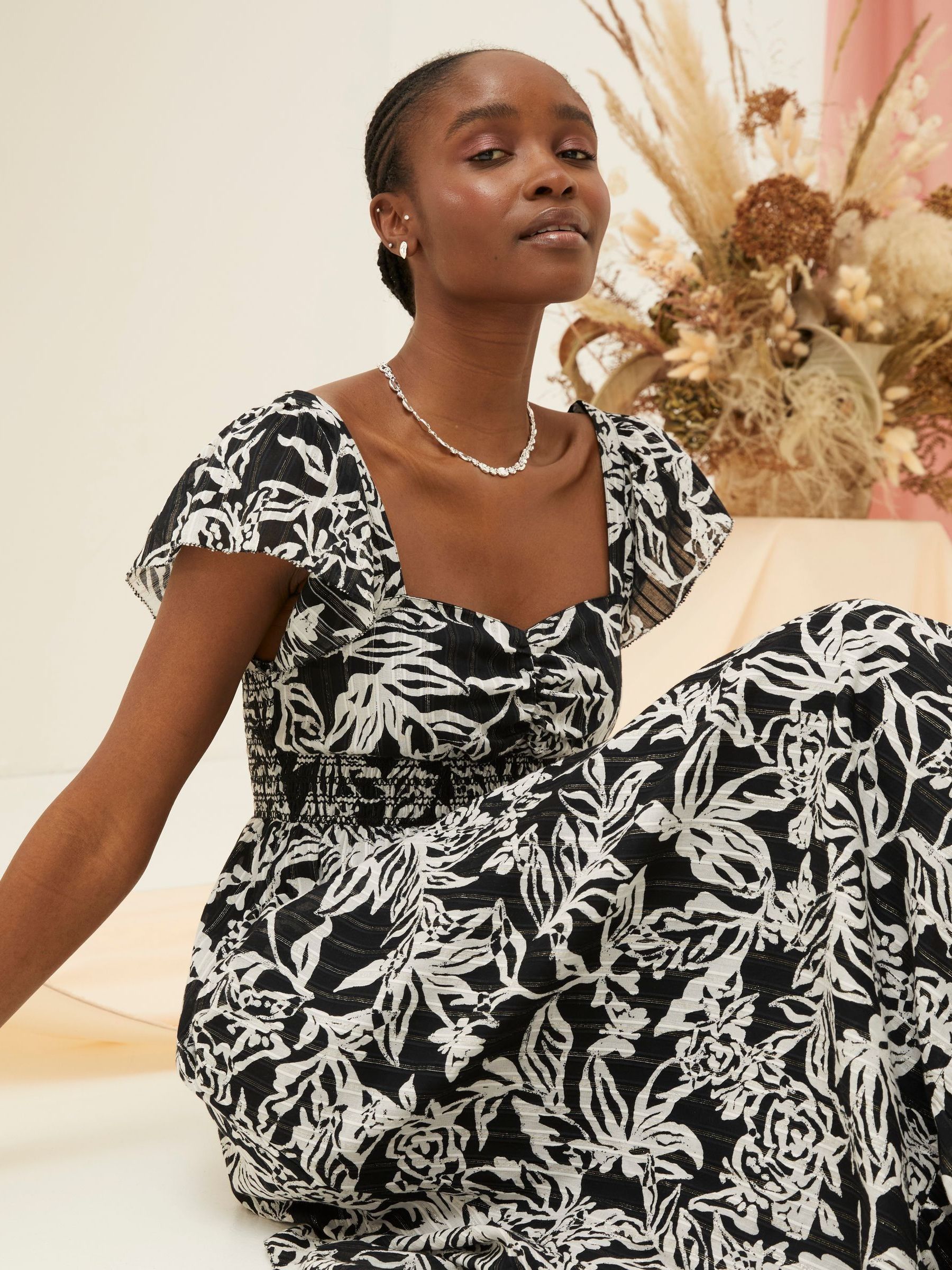 Dahlia Black Botanical Midi Dress | FatFace