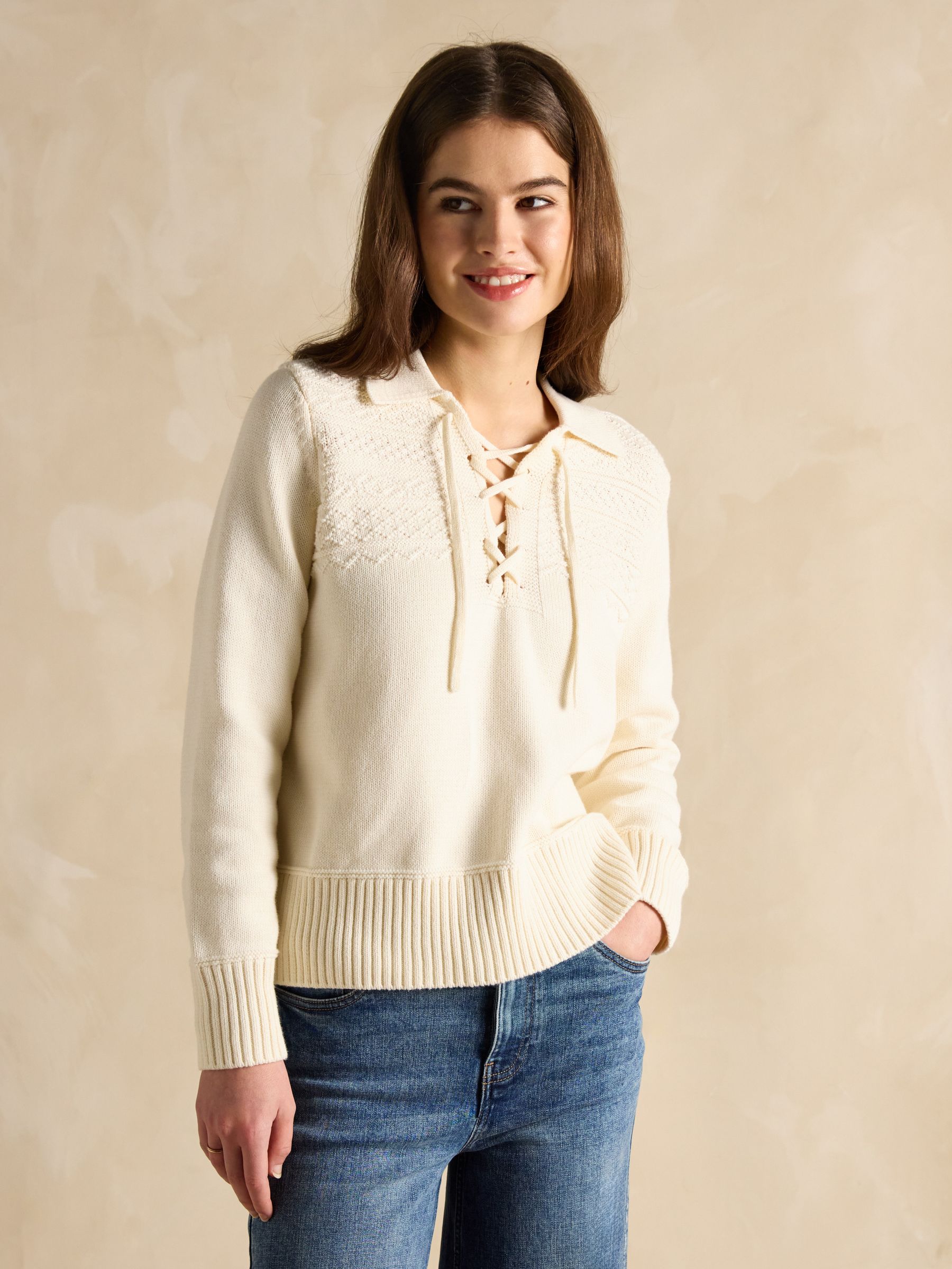 Annie Cream Lace Up Collared Cotton Jumper Joules