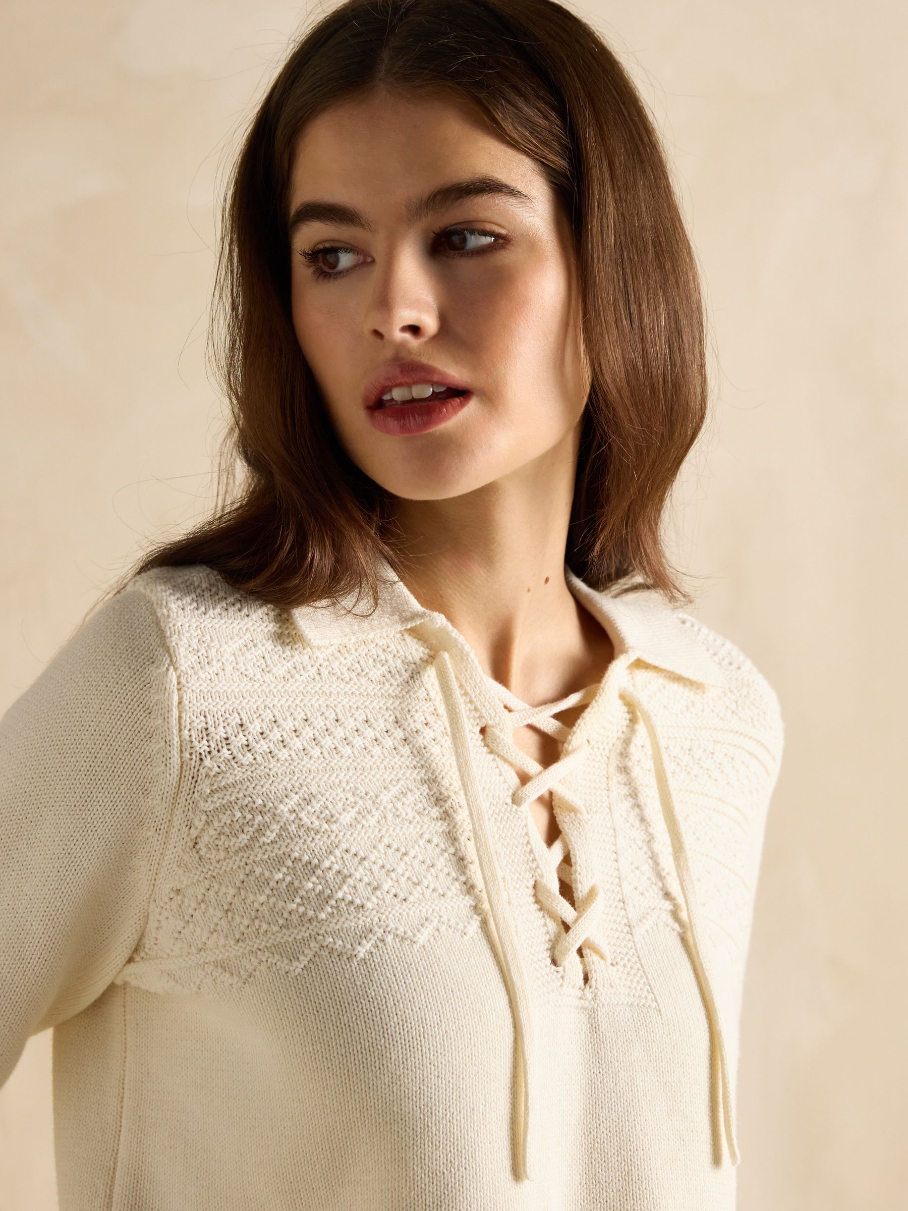 Annie Cream Lace Up Collared Cotton Jumper - Image 4 of 6
