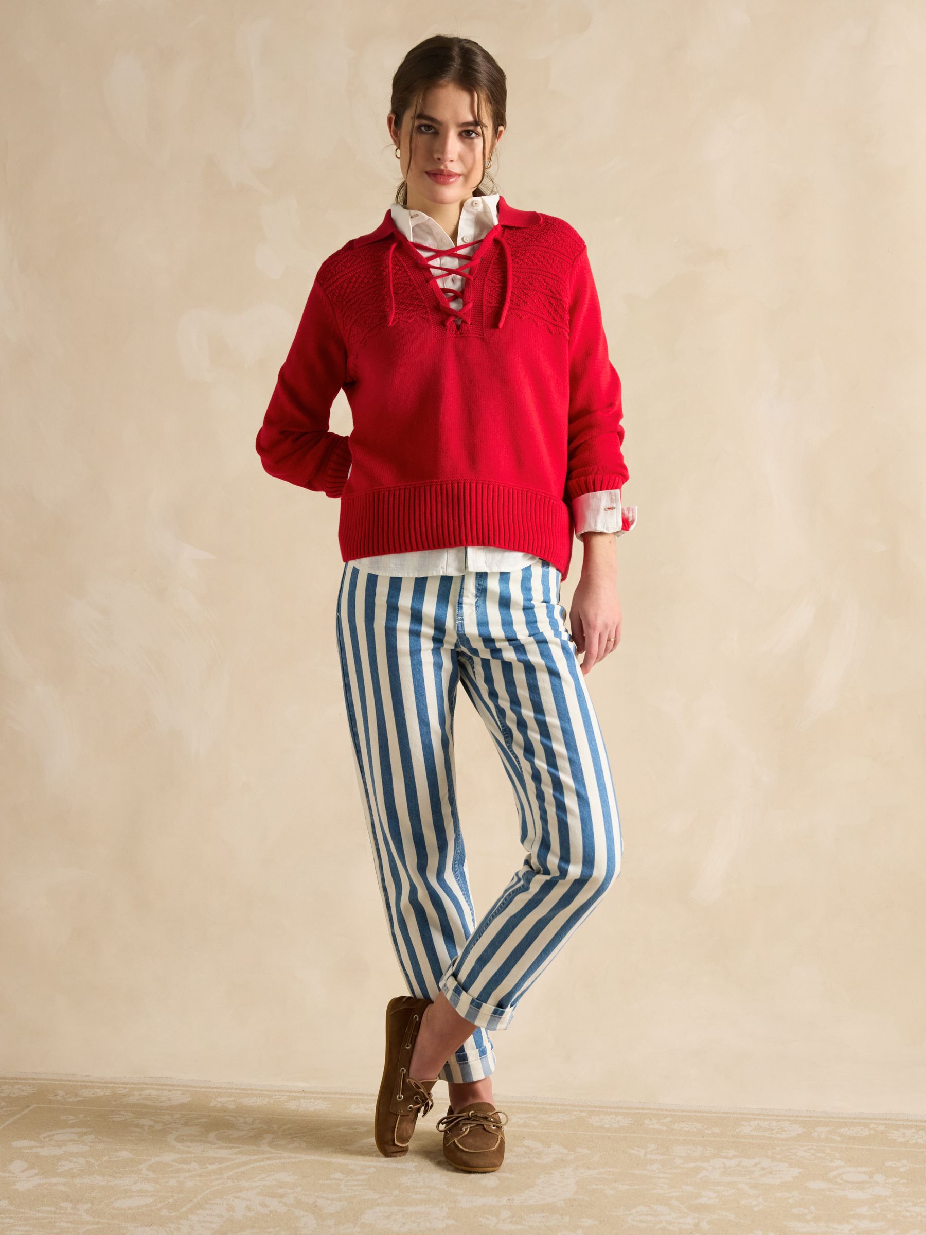 Annie Red Lace Up Collared Cotton Jumper - Image 3 of 7