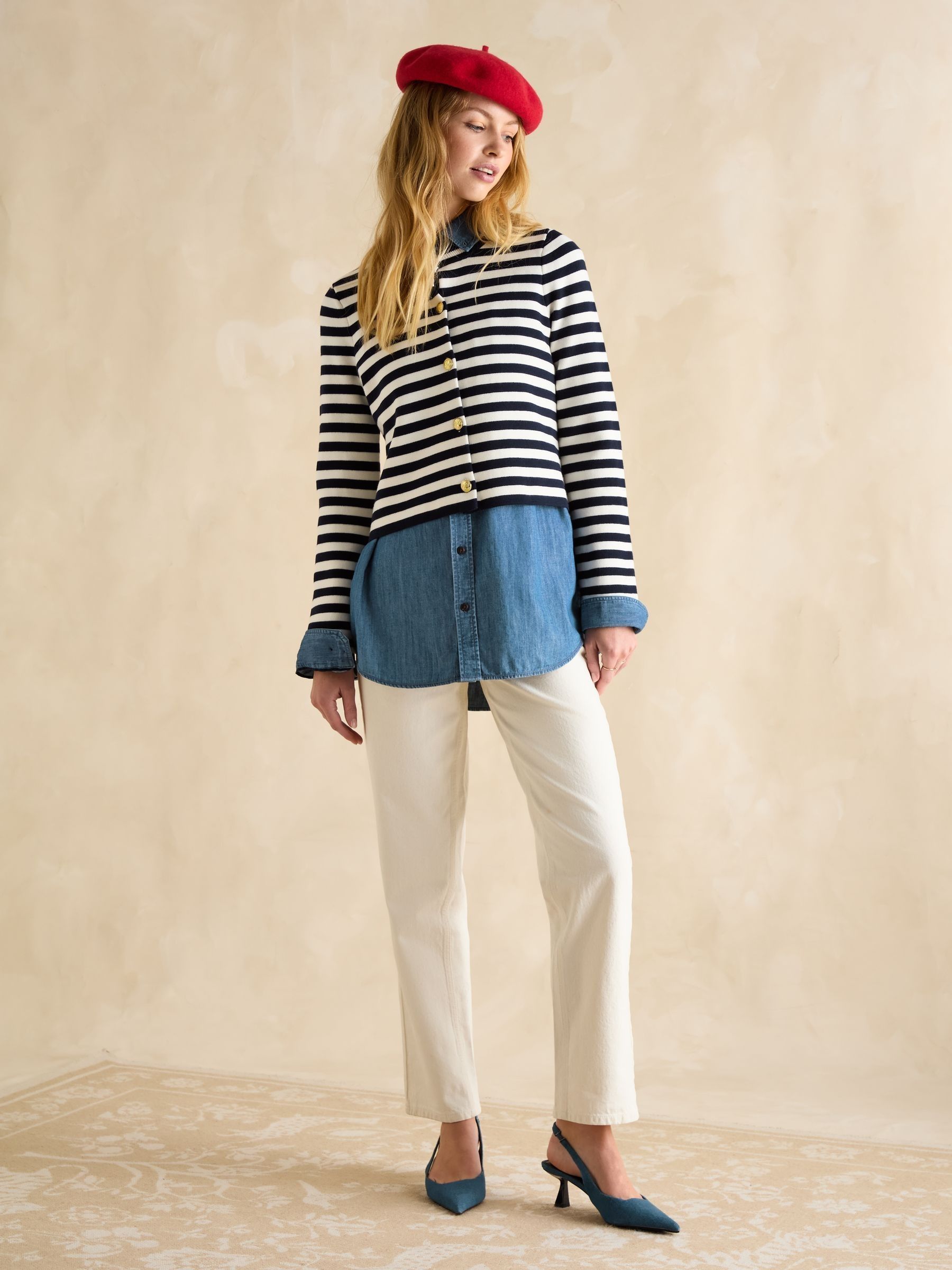 Catherine Navy/White Cotton Striped Cardigan - Image 5 of 6