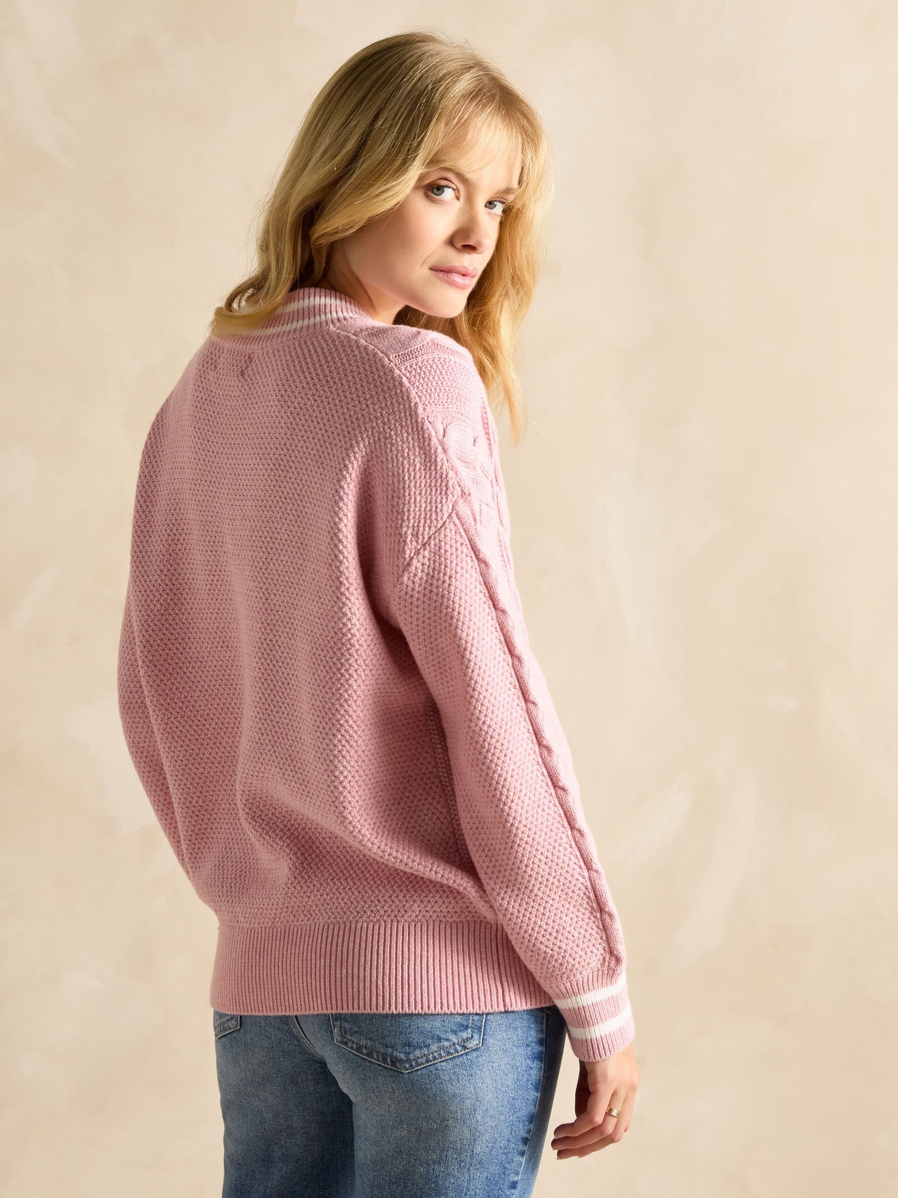 Dibbly Pink Cotton Cable Knit Cricket Jumper - Image 2 of 8