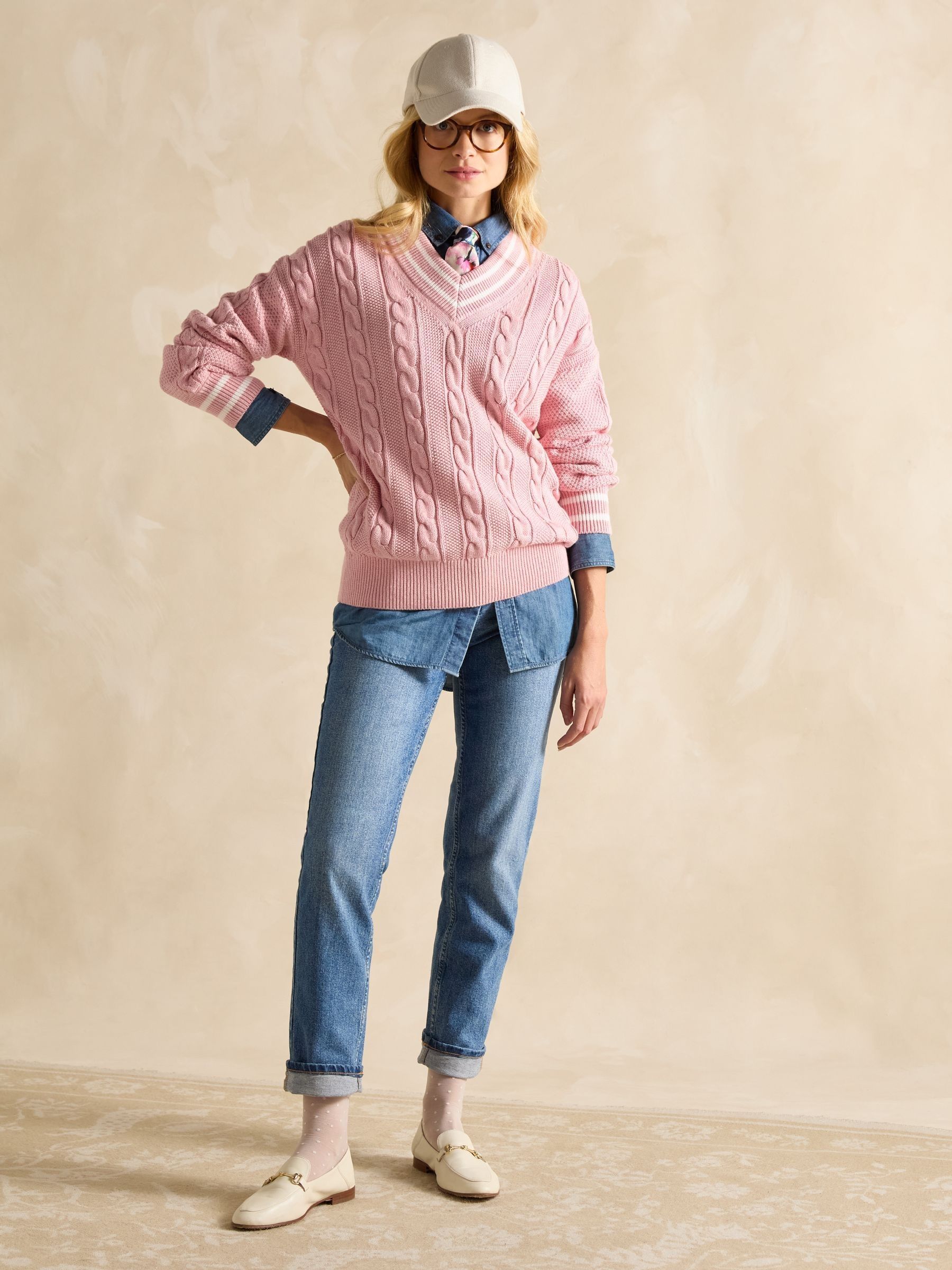 Dibbly Pink Cotton Cable Knit Cricket Jumper - Image 3 of 8