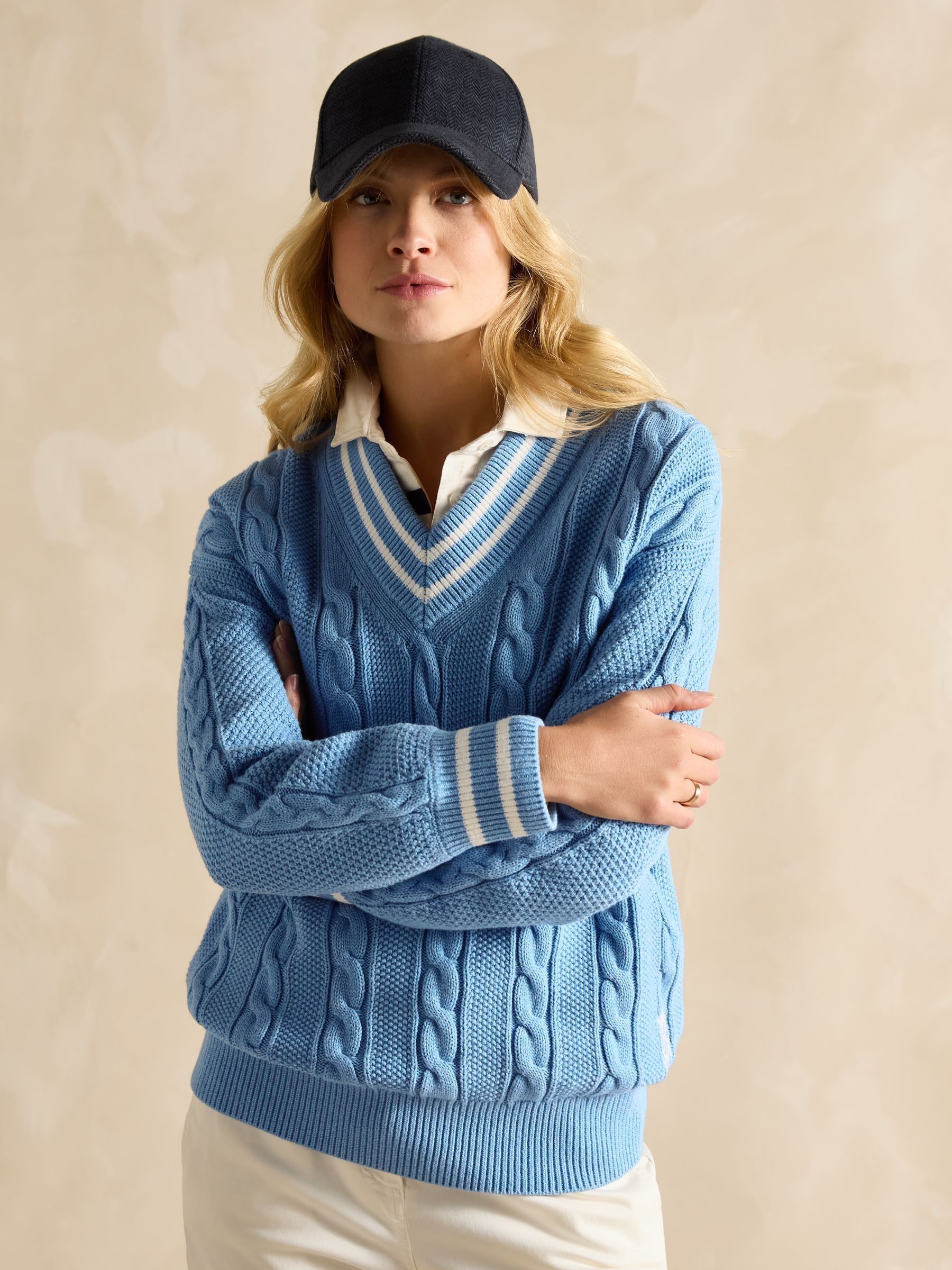 Dibbly Blue Cotton Cable Knit Cricket Jumper - Image 5 of 7