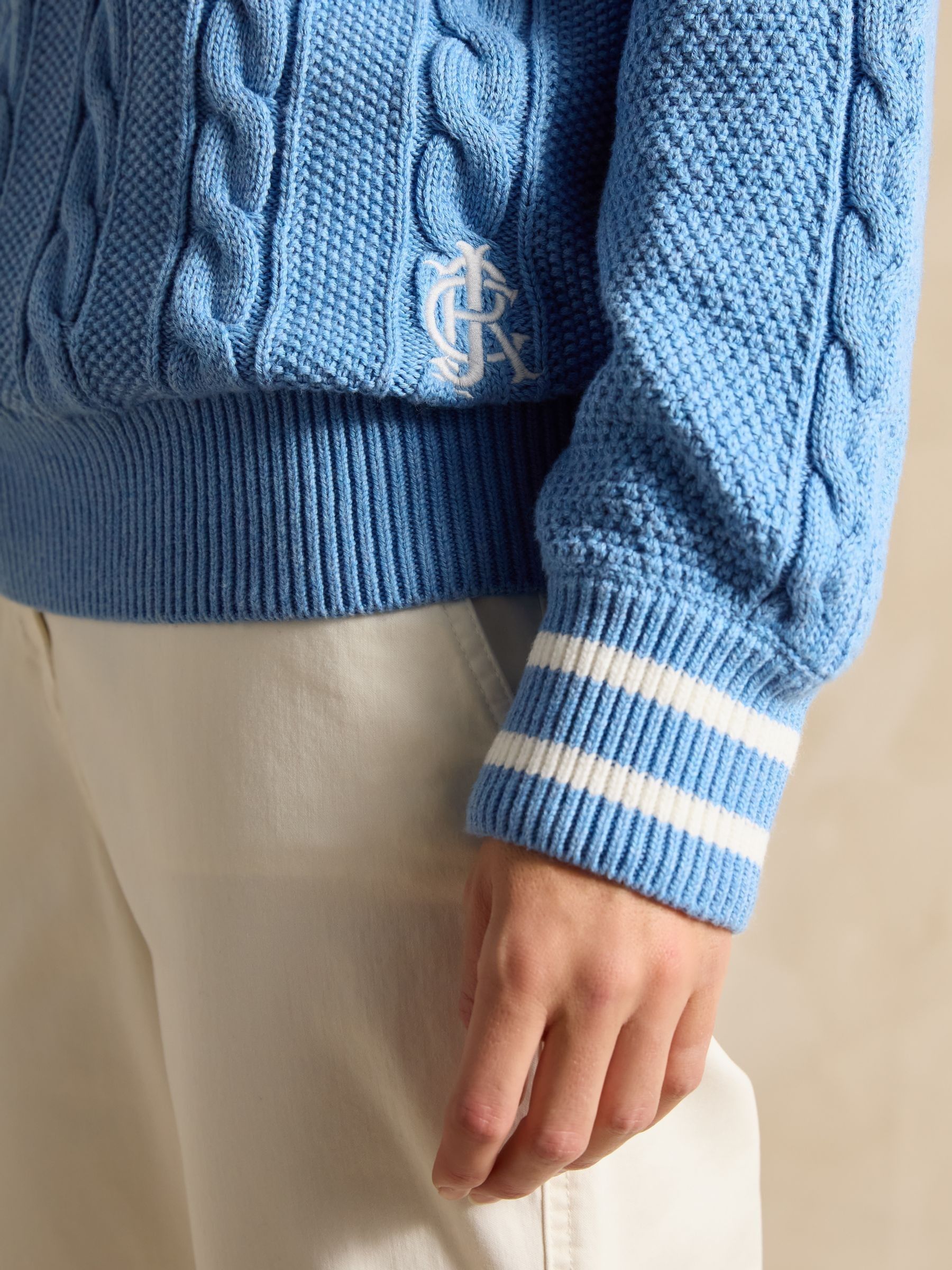 Dibbly Blue Cotton Cable Knit Cricket Jumper - Image 6 of 7