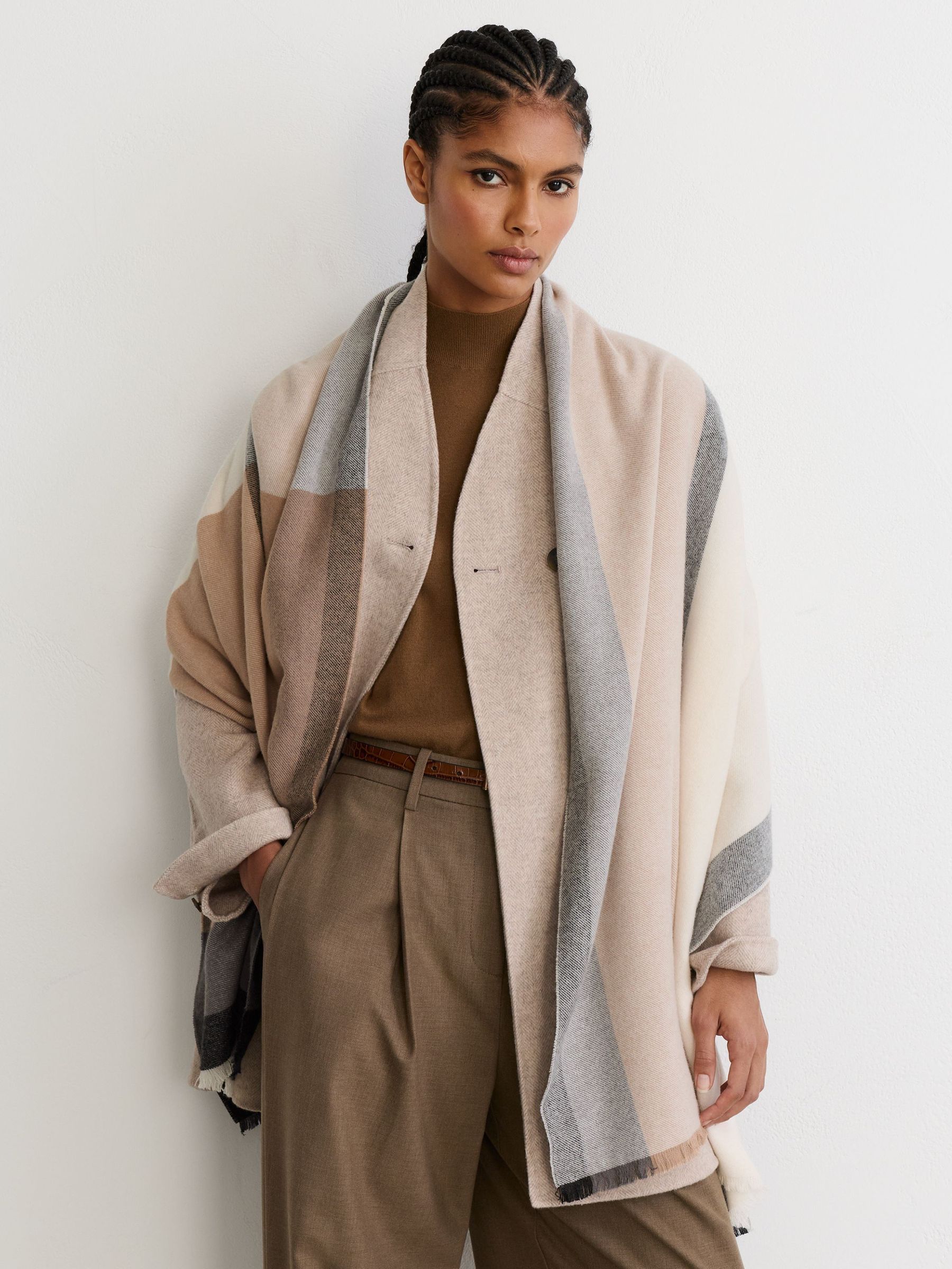 Check Scarf with Wool in Taupe/Grey - Image 1 of 5