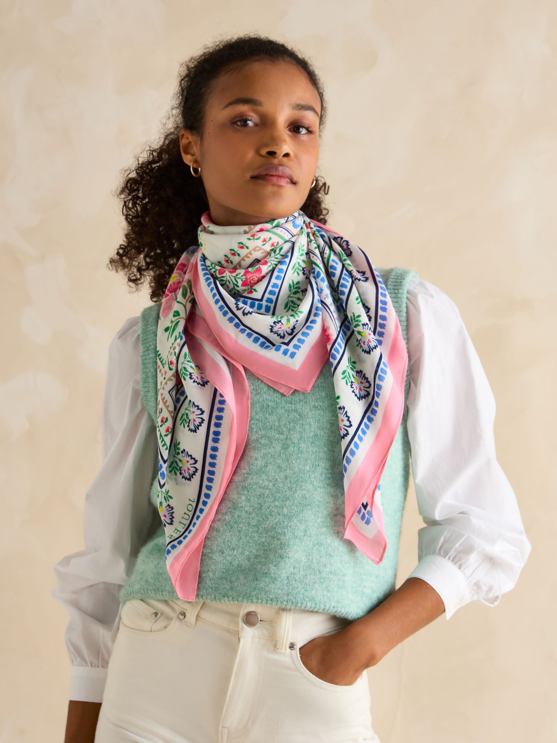 Middleton Cream/Pink/Green Square Viscose Scarf - Image 1 of 5