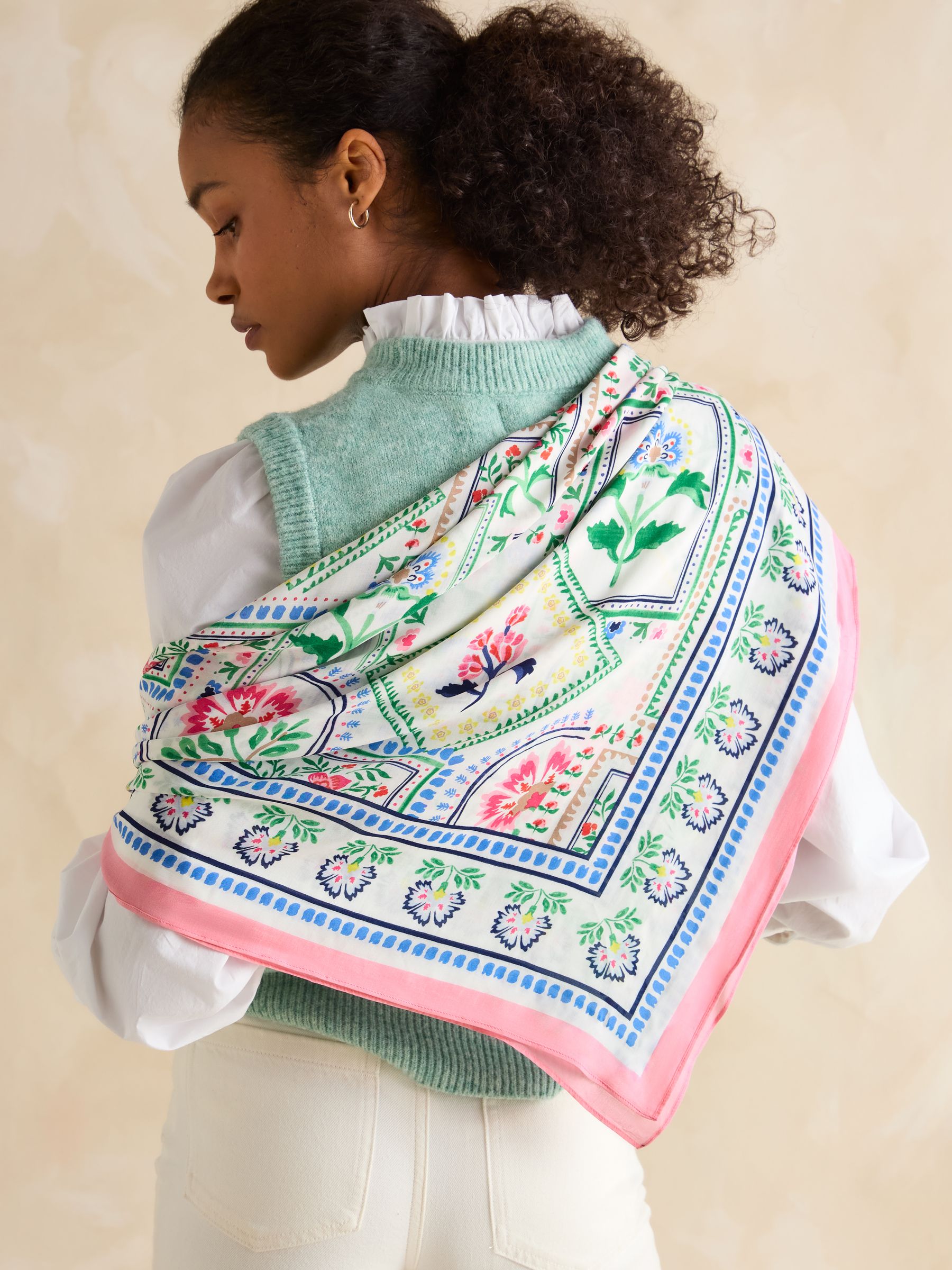 Middleton Cream/Pink/Green Square Viscose Scarf - Image 2 of 5