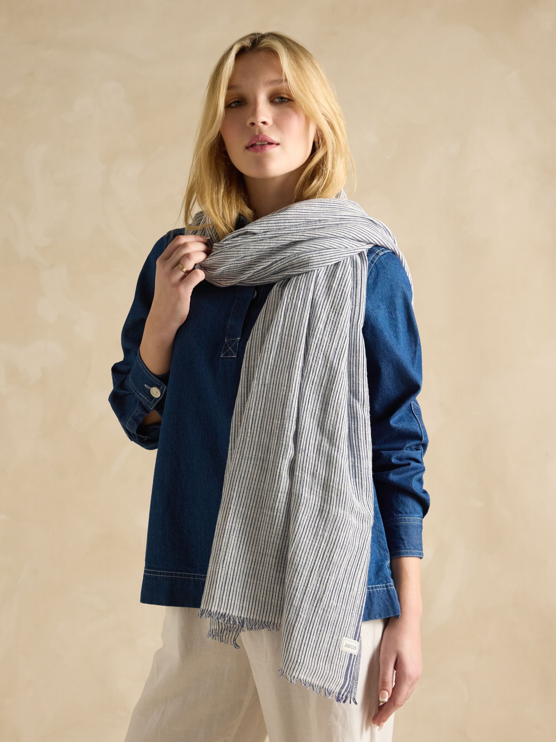 Orla Cream/Navy Lightweight Cotton Scarf - Image 1 of 6
