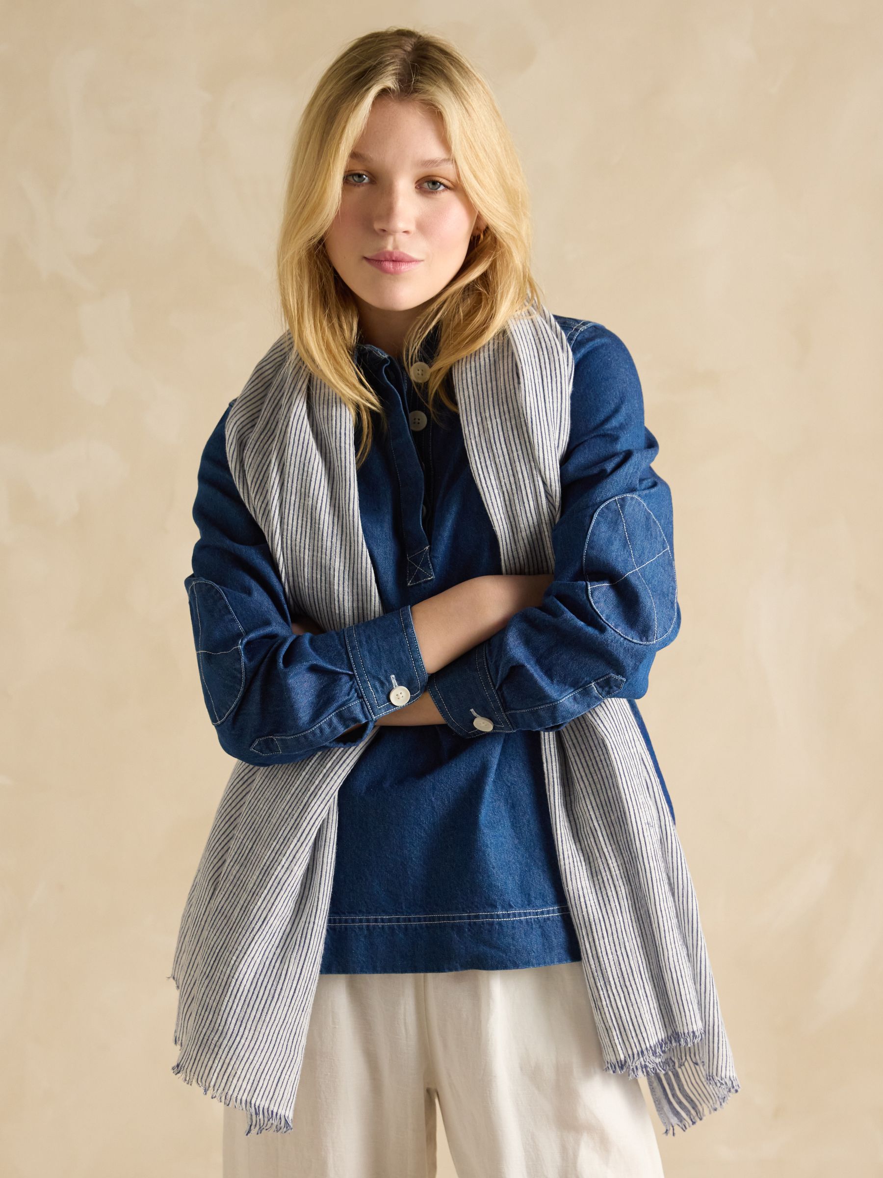 Orla Cream/Navy Lightweight Cotton Scarf - Image 3 of 6