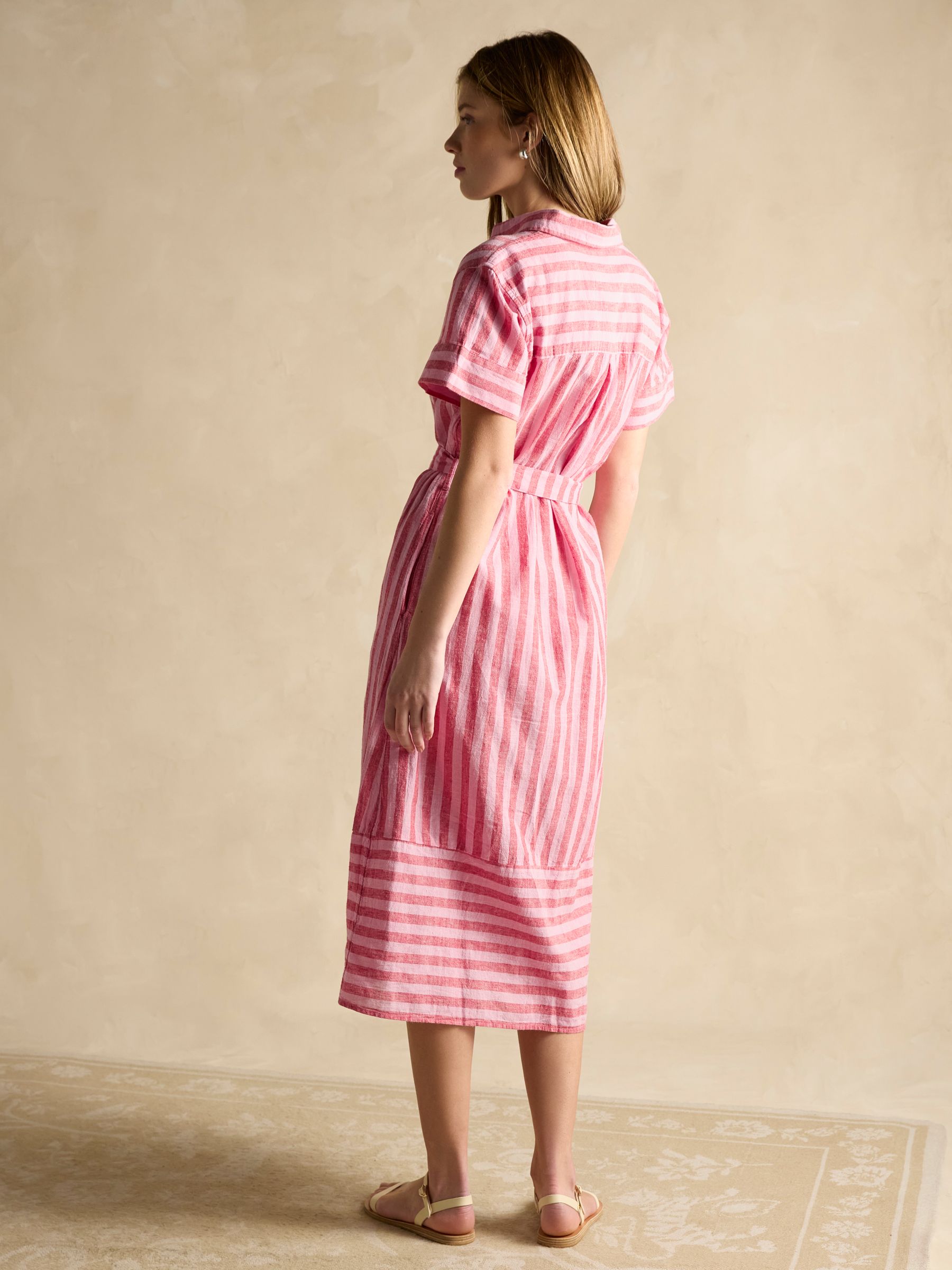 Carrie Red/Pink Stripe Linen & Cotton Belted Shirt Dress - Image 2 of 7