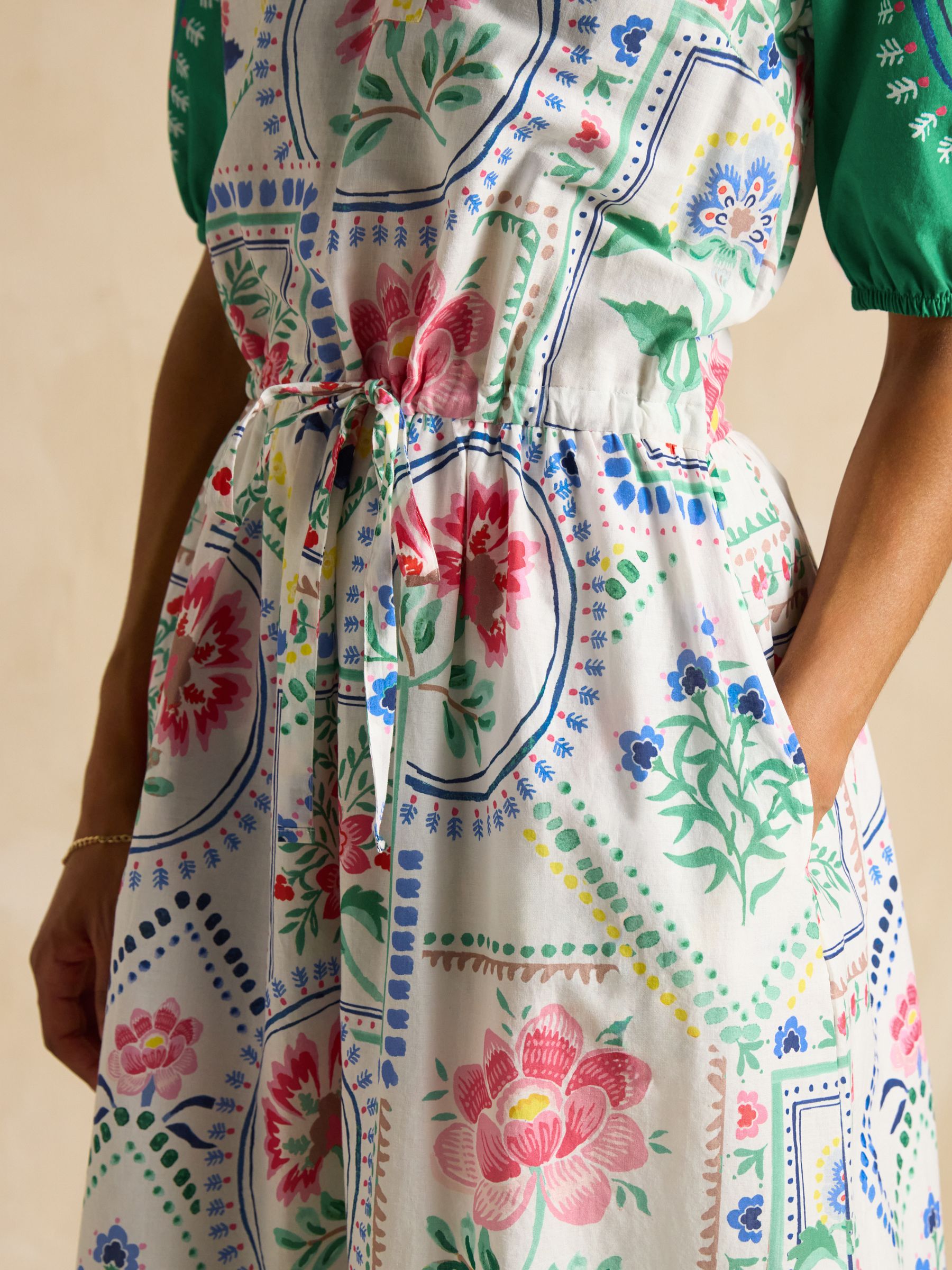 Florence Cream Tile Print Cotton Midi Dress - Image 4 of 7