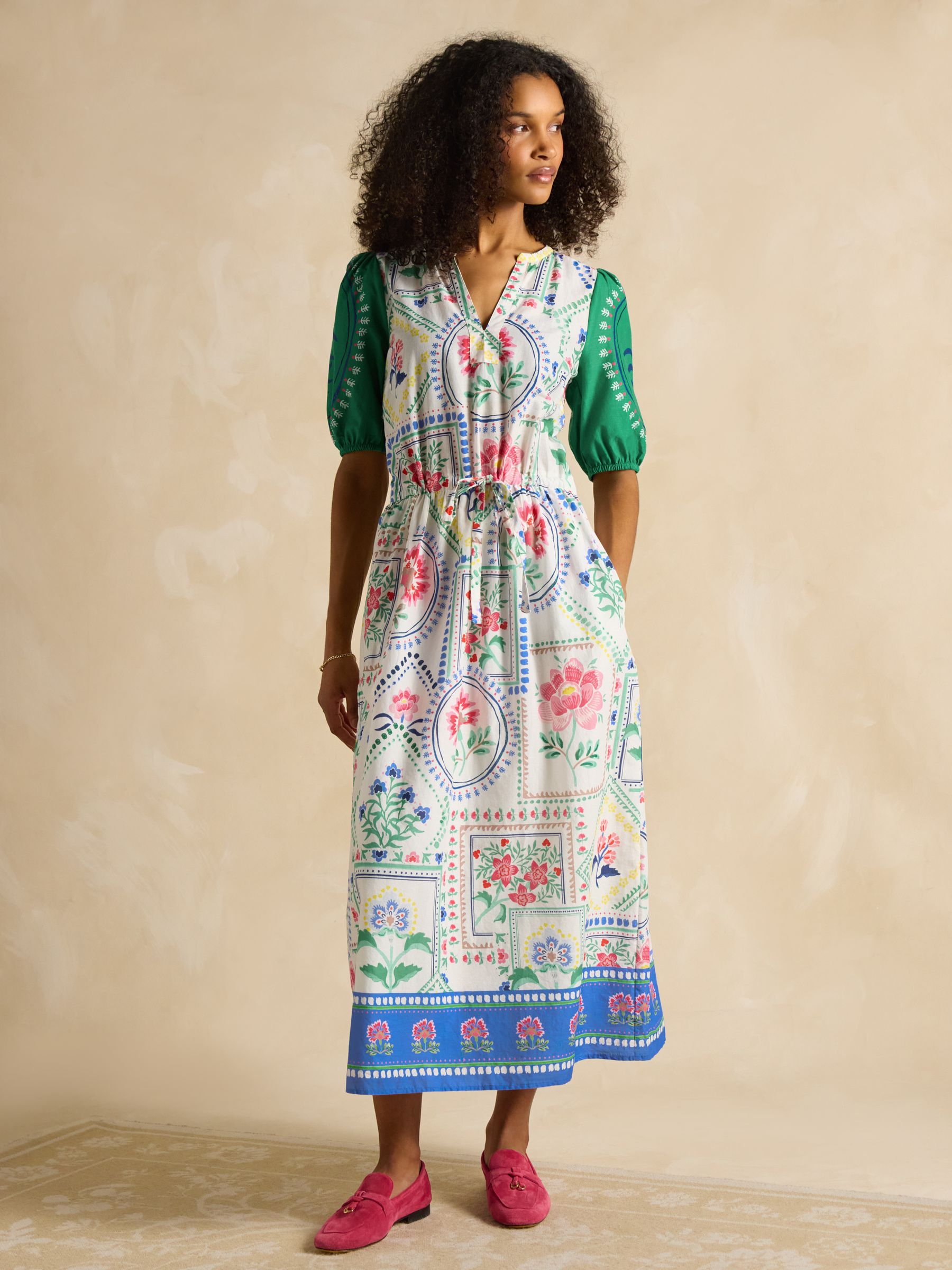 Florence Cream Tile Print Cotton Midi Dress - Image 5 of 7
