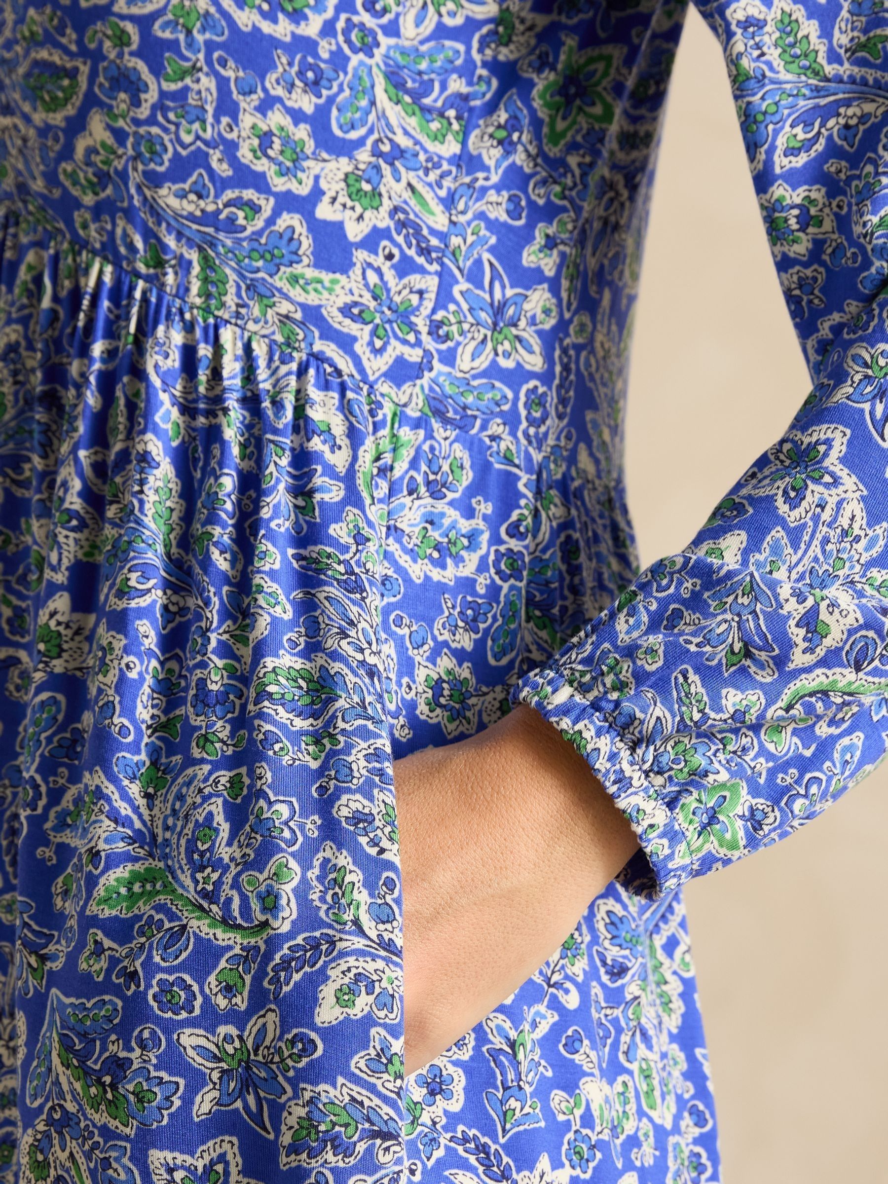 Nia Blue V-Neck Long Sleeve Midaxi Dress | Joules