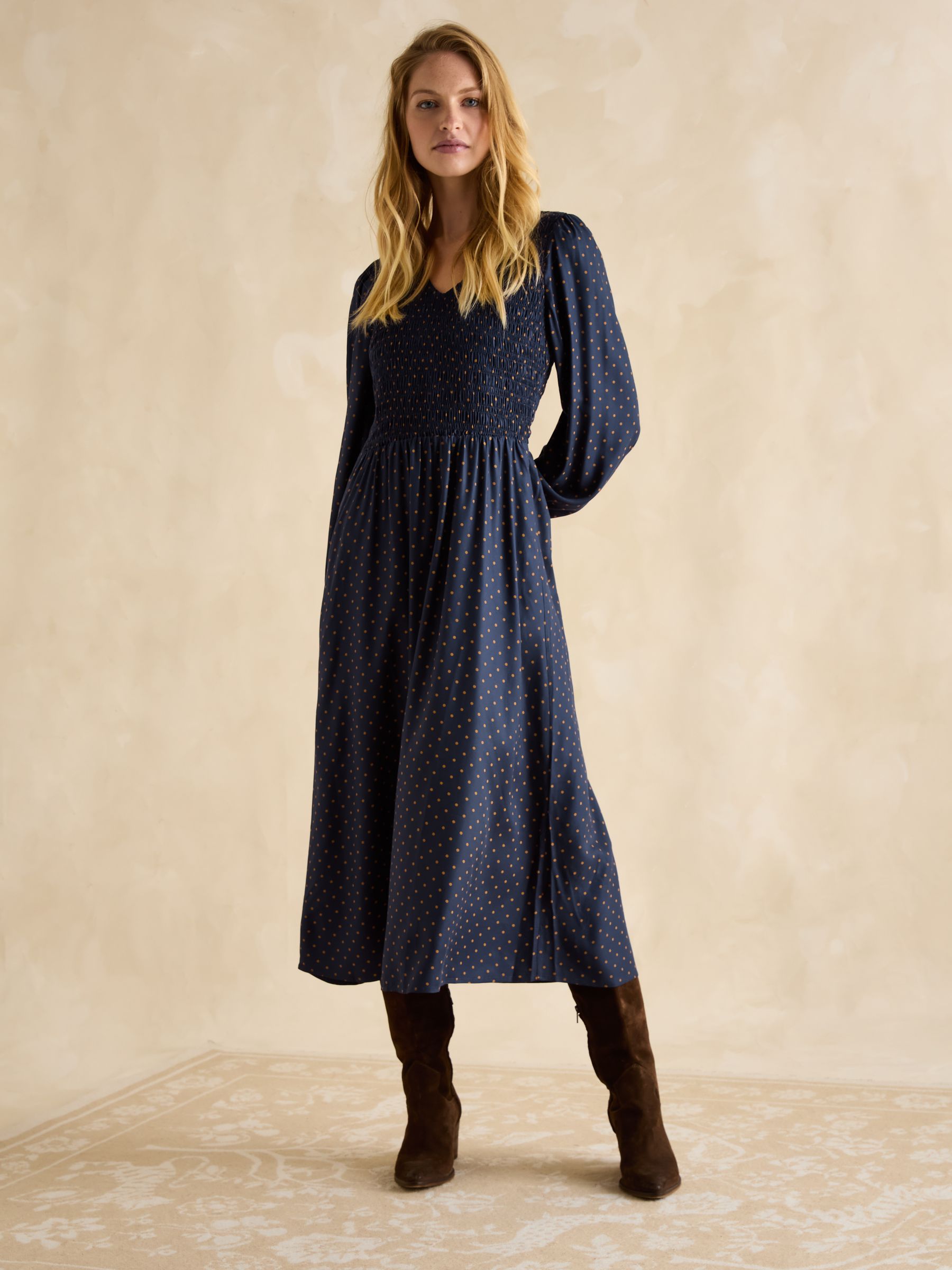 Lilliana Navy Shirred Midi Dress | Joules Lilliana Navy Shirred Midi Dress | Joules