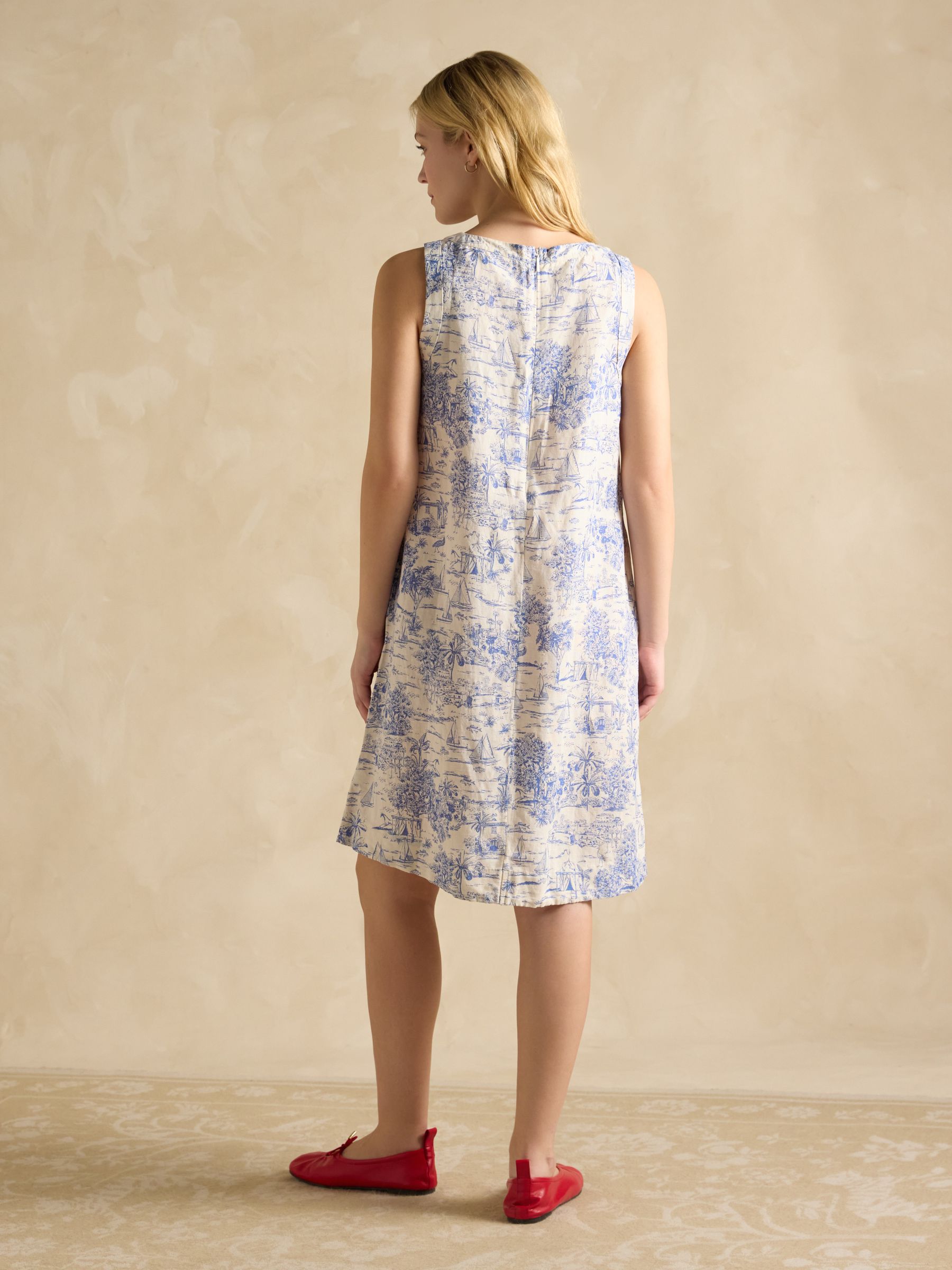 Delphine Blue/White Toile de Jouy Shift Dress With Linen - Image 2 of 6