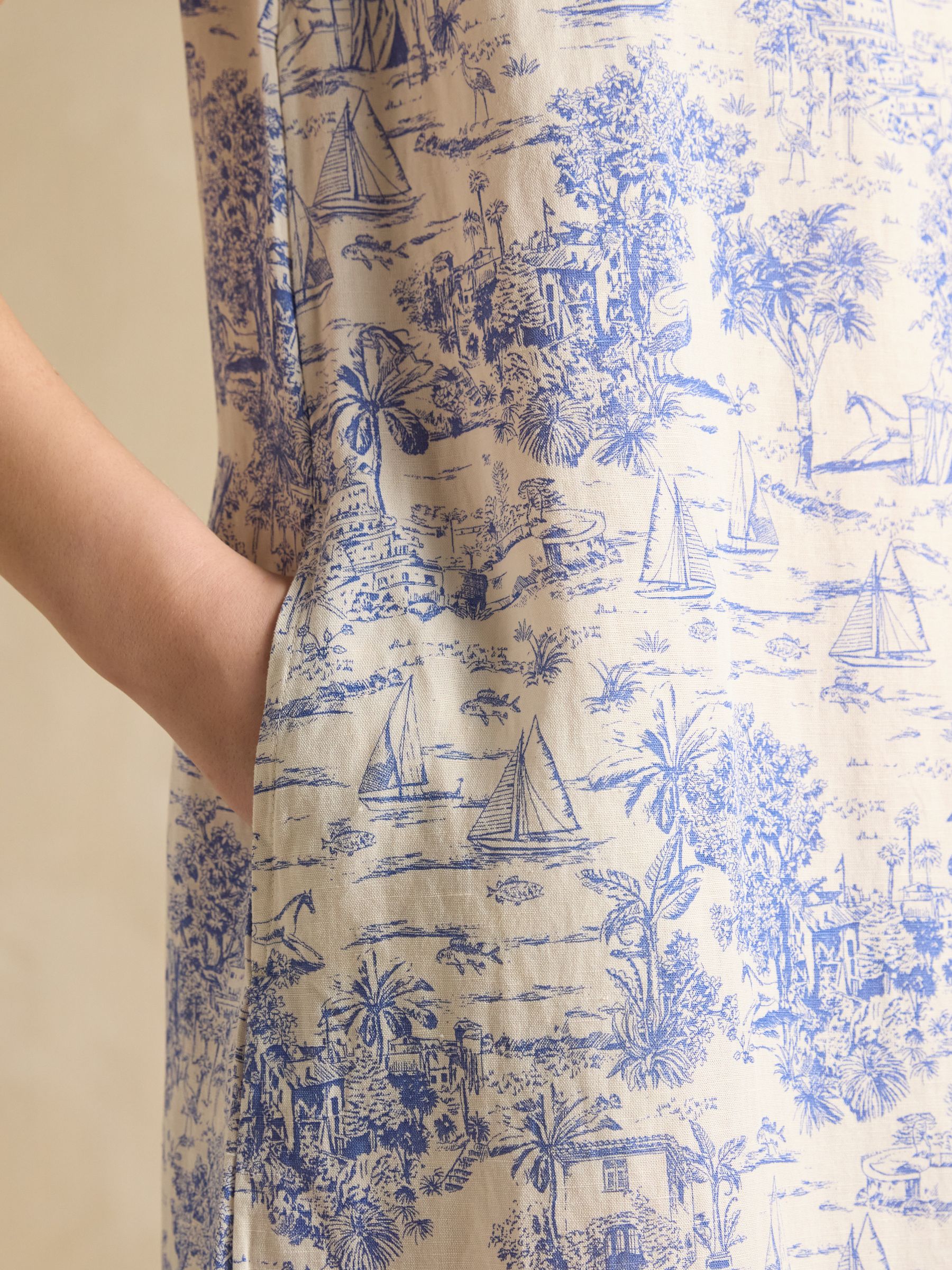 Delphine Blue/White Toile de Jouy Shift Dress With Linen - Image 4 of 6