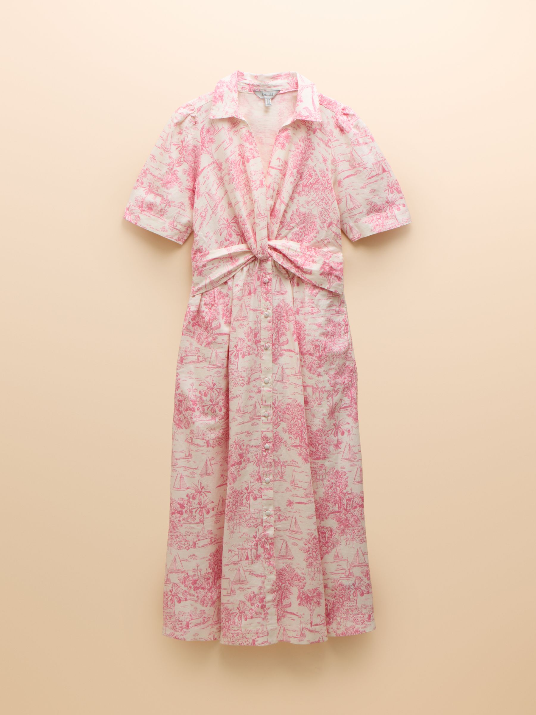 Marina Pink/White Toile de Jouy Linen Blend Knot Front Midi Dress - Image 10 of 10