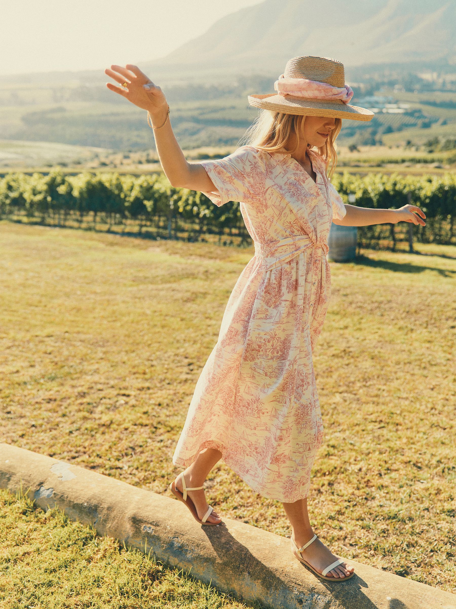 Marina Pink/White Toile de Jouy Linen Blend Knot Front Midi Dress - Image 2 of 10