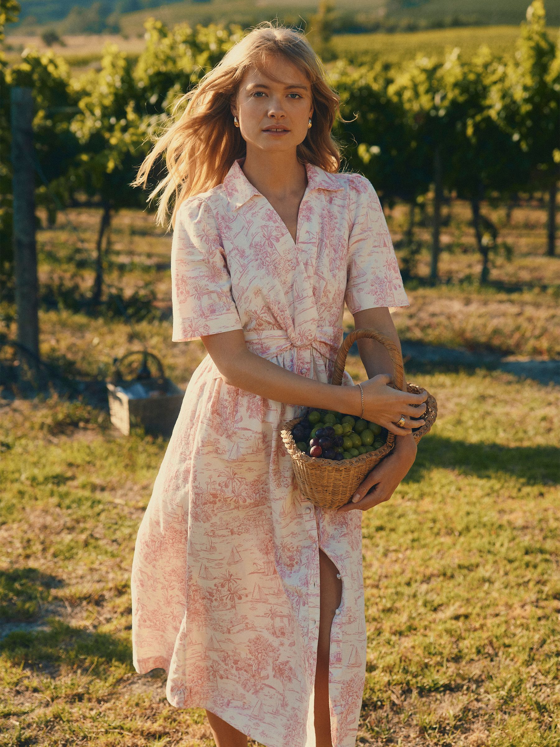 Marina Pink/White Toile de Jouy Linen Blend Knot Front Midi Dress - Image 4 of 10
