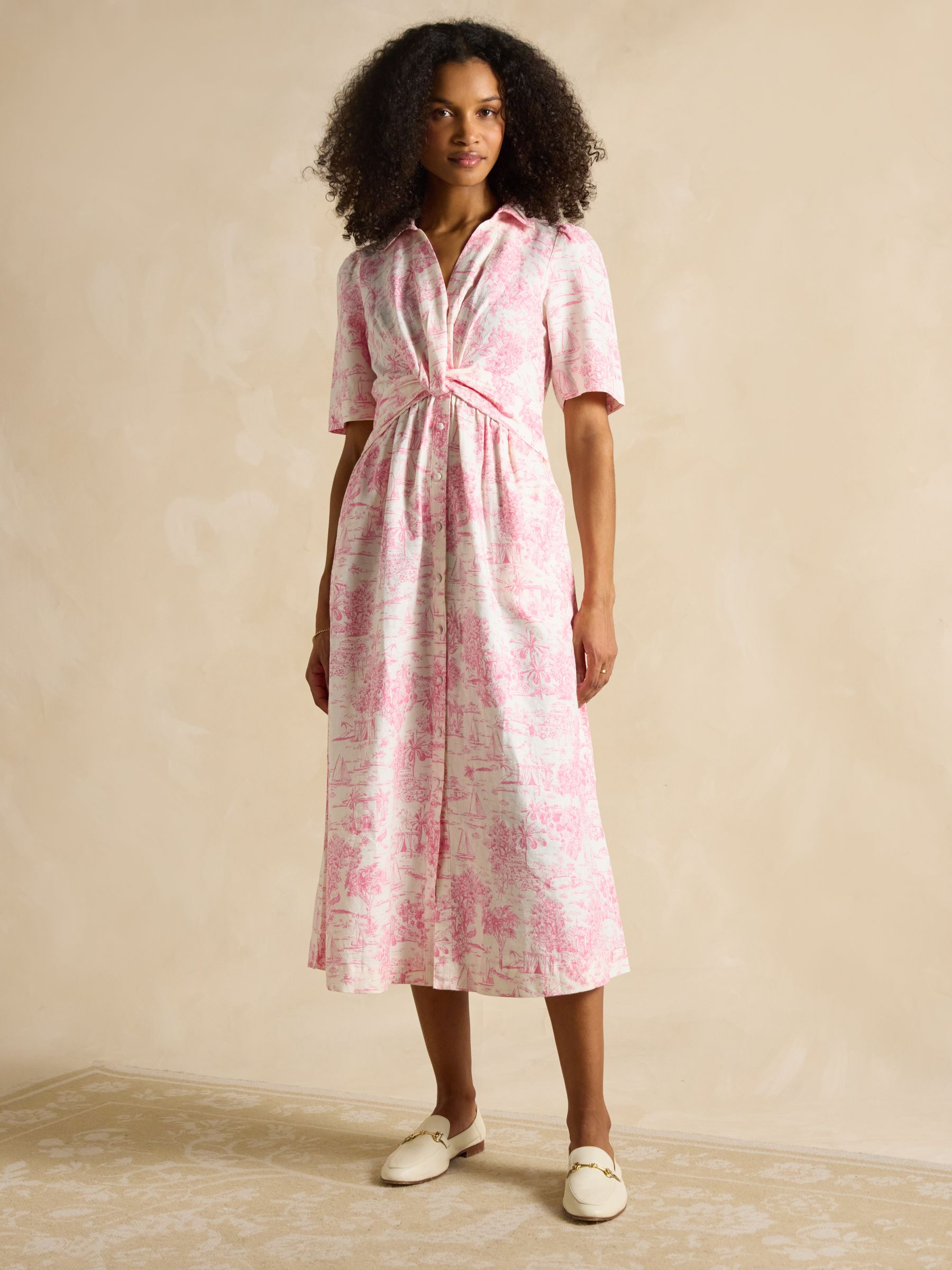 Marina Pink/White Toile de Jouy Linen Blend Knot Front Midi Dress - Image 5 of 10