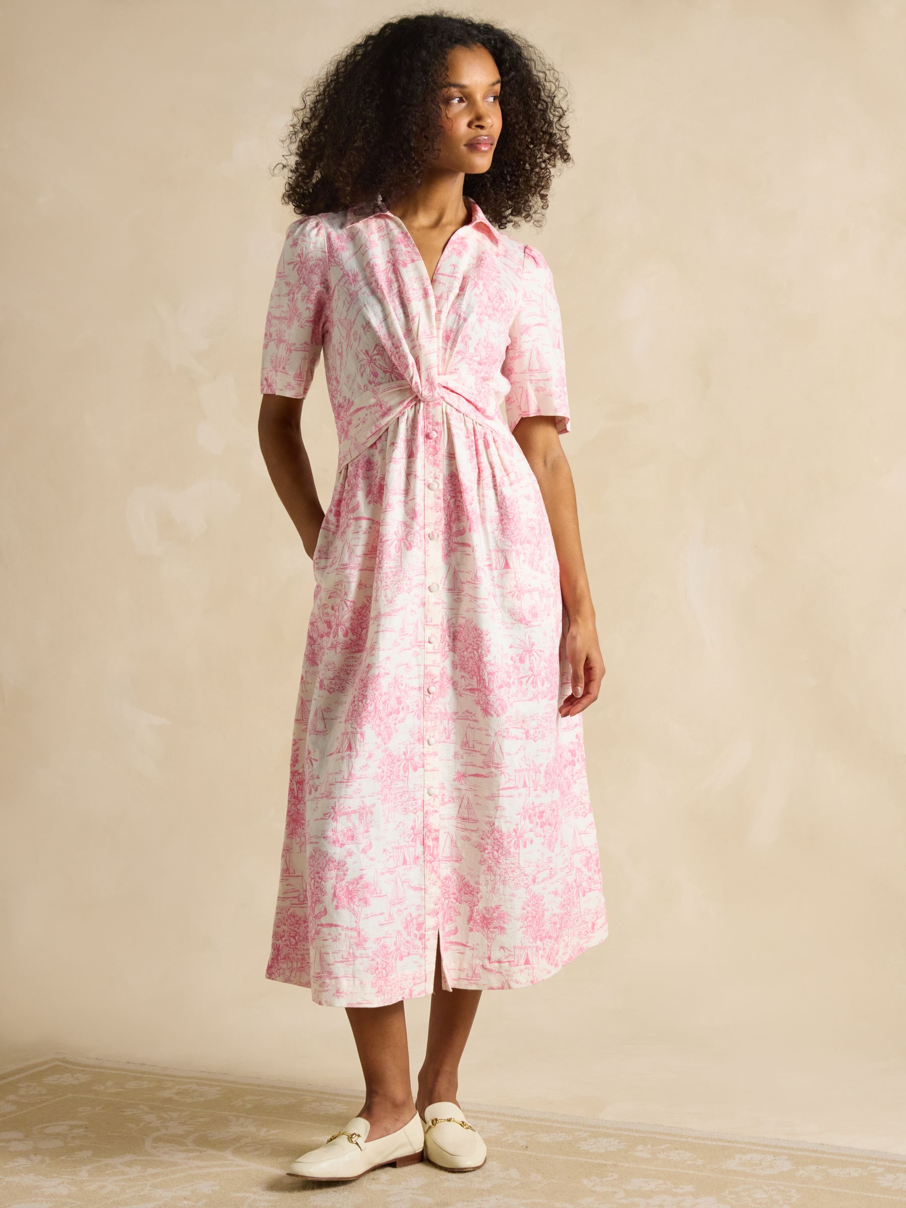 Marina Pink/White Toile de Jouy Linen Blend Knot Front Midi Dress - Image 9 of 10