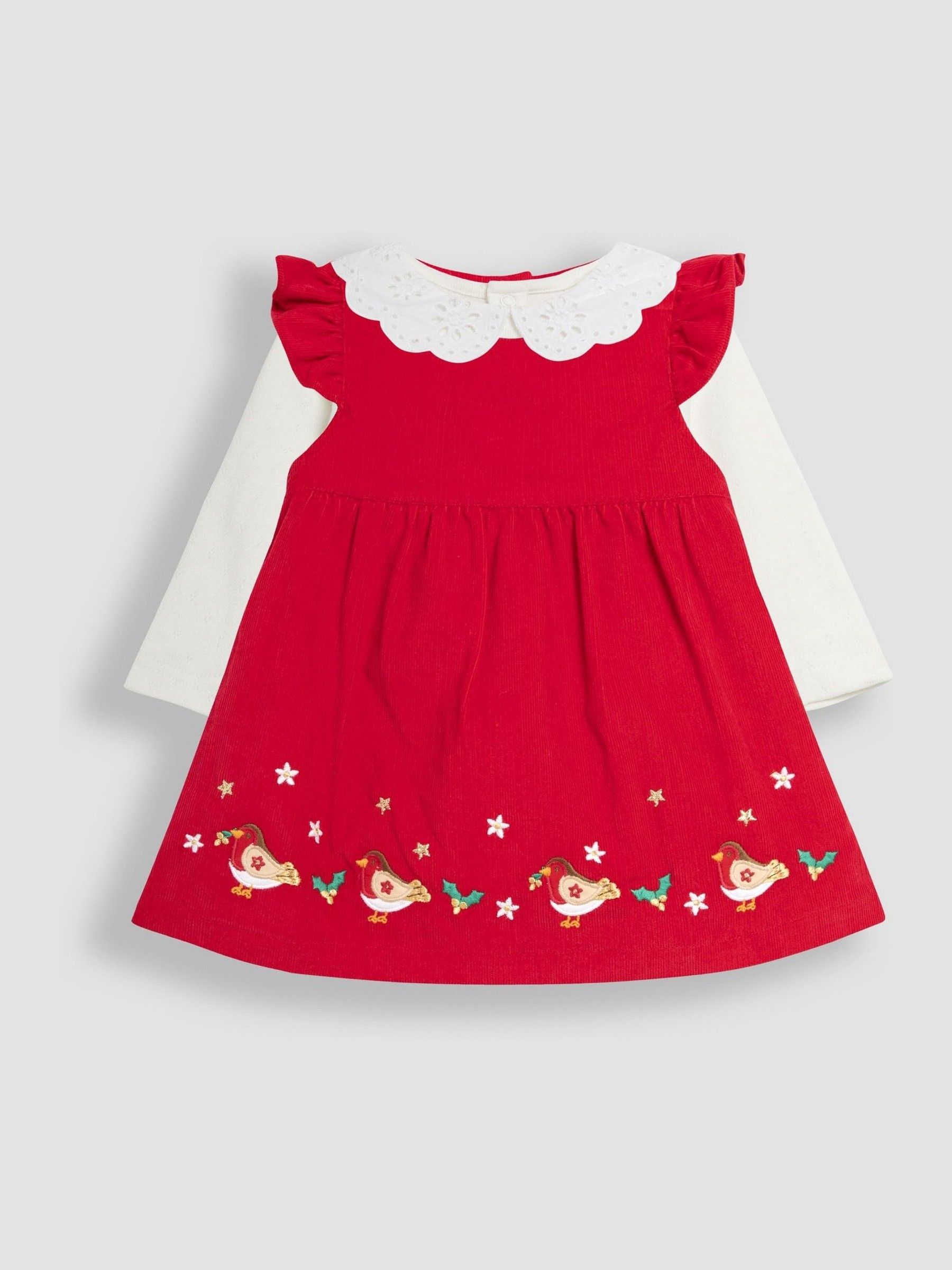 Red Baby Robin Embroidered Cord  Dress and Body Set - Image 1 of 5