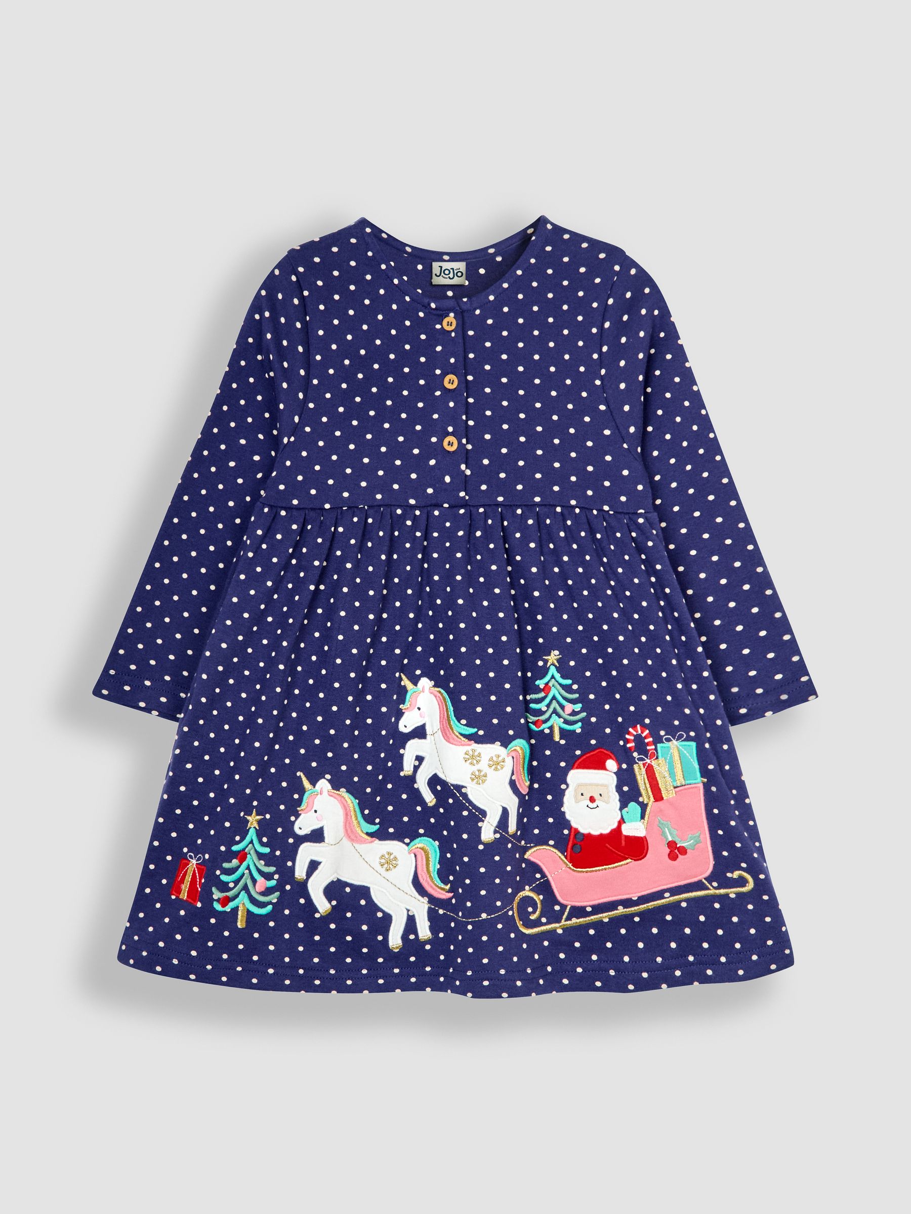 Navy Santa and Unicorn Appliqué Button Front Dress - Image 2 of 5