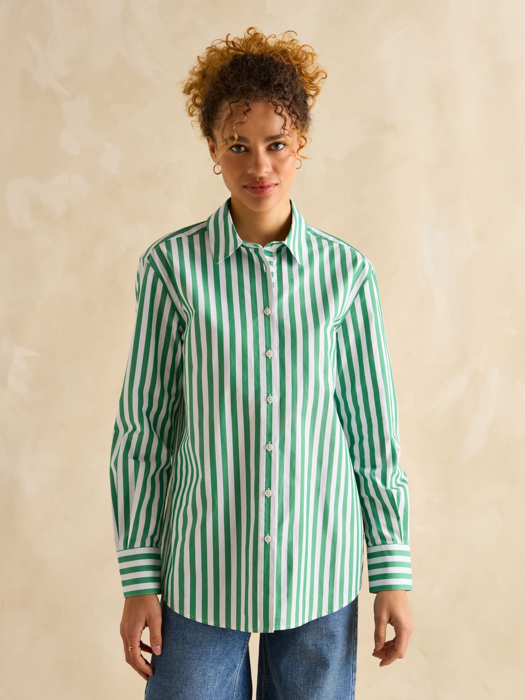 Amilla Green & White Stripe Longline Relaxed Fit Shirt - Image 1 of 7