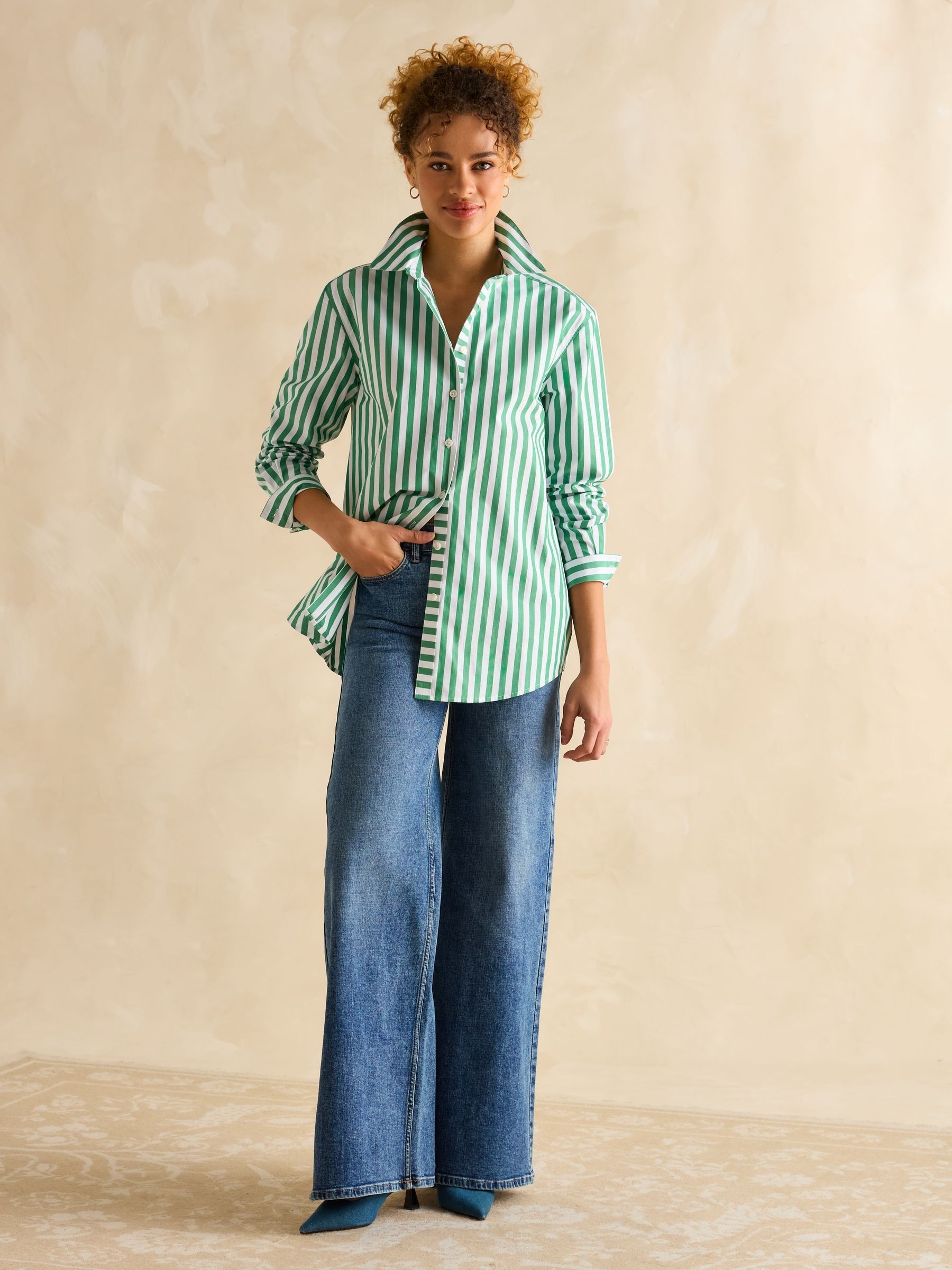 Amilla Green & White Stripe Longline Relaxed Fit Shirt - Image 3 of 7