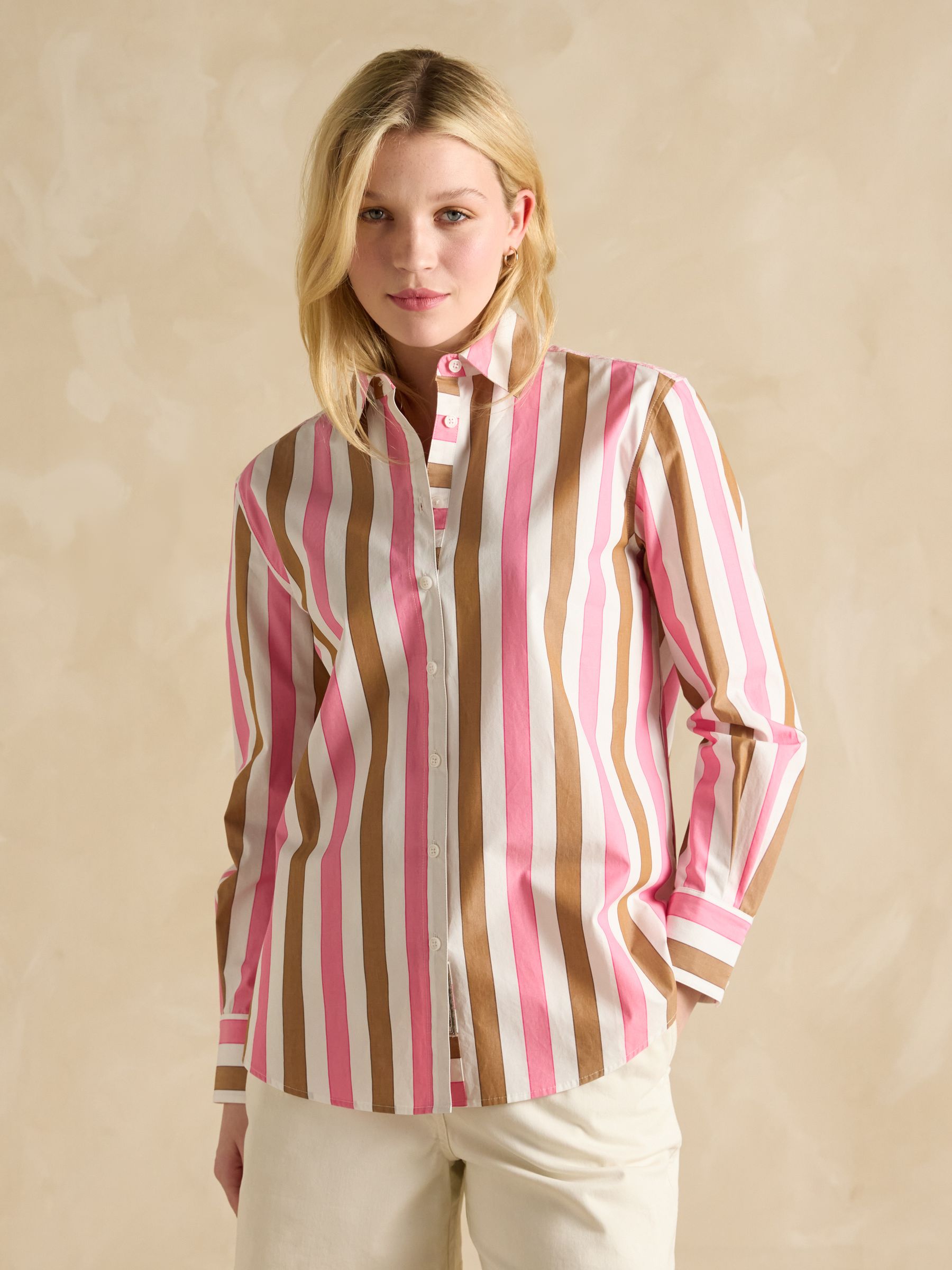 Amilla Pink & Tan Stripe Longline Relaxed Fit Shirt - Image 1 of 7