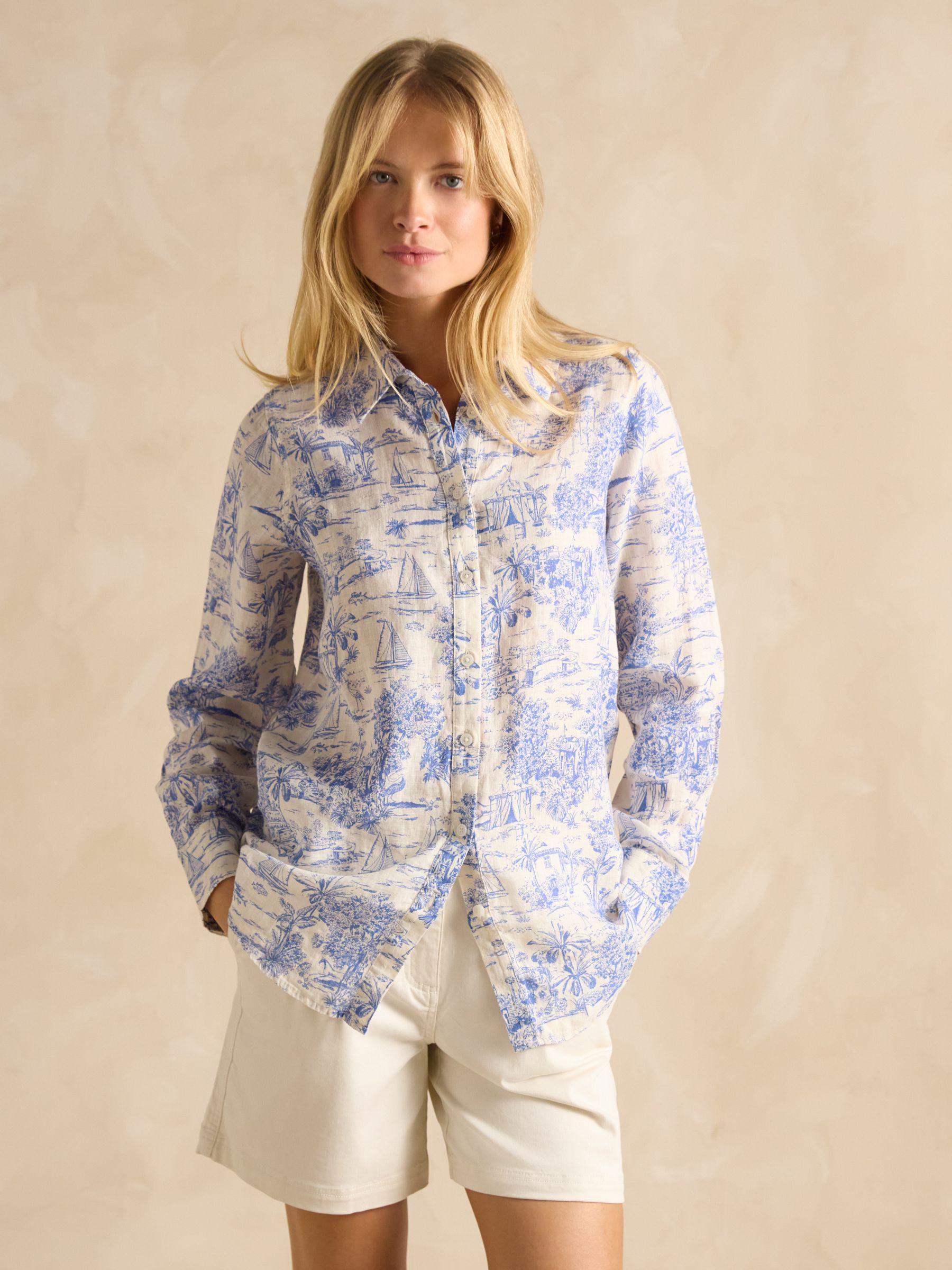 Maeva Blue/White Toile de Jouy Relaxed Fit 100% Linen Shirt - Image 1 of 8