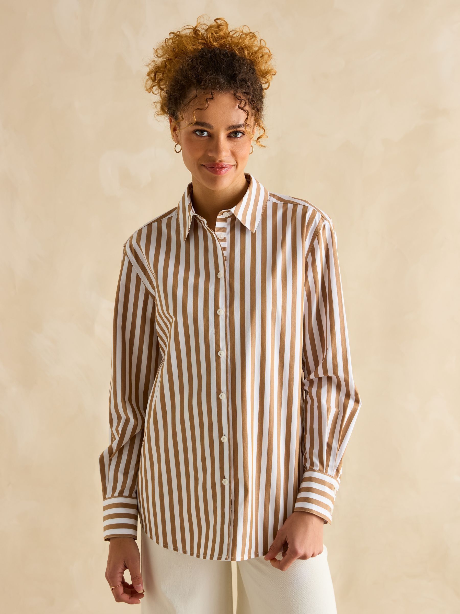 Amilla Tan & White Stripe Longline Relaxed Fit Shirt - Image 1 of 7