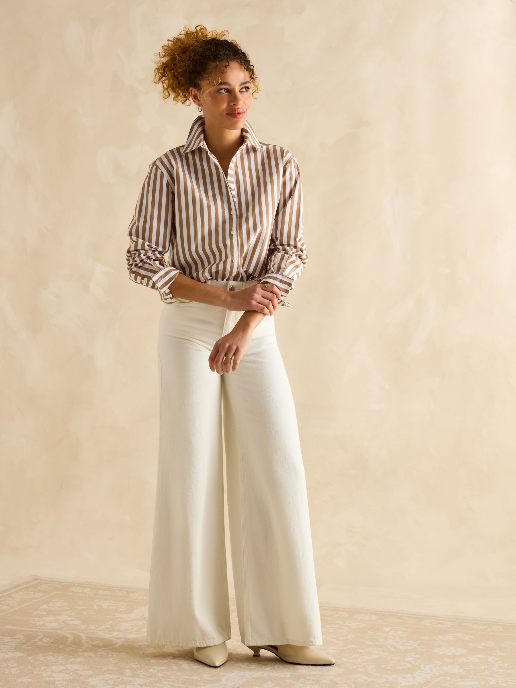 Amilla Tan & White Stripe Longline Relaxed Fit Shirt - Image 3 of 7