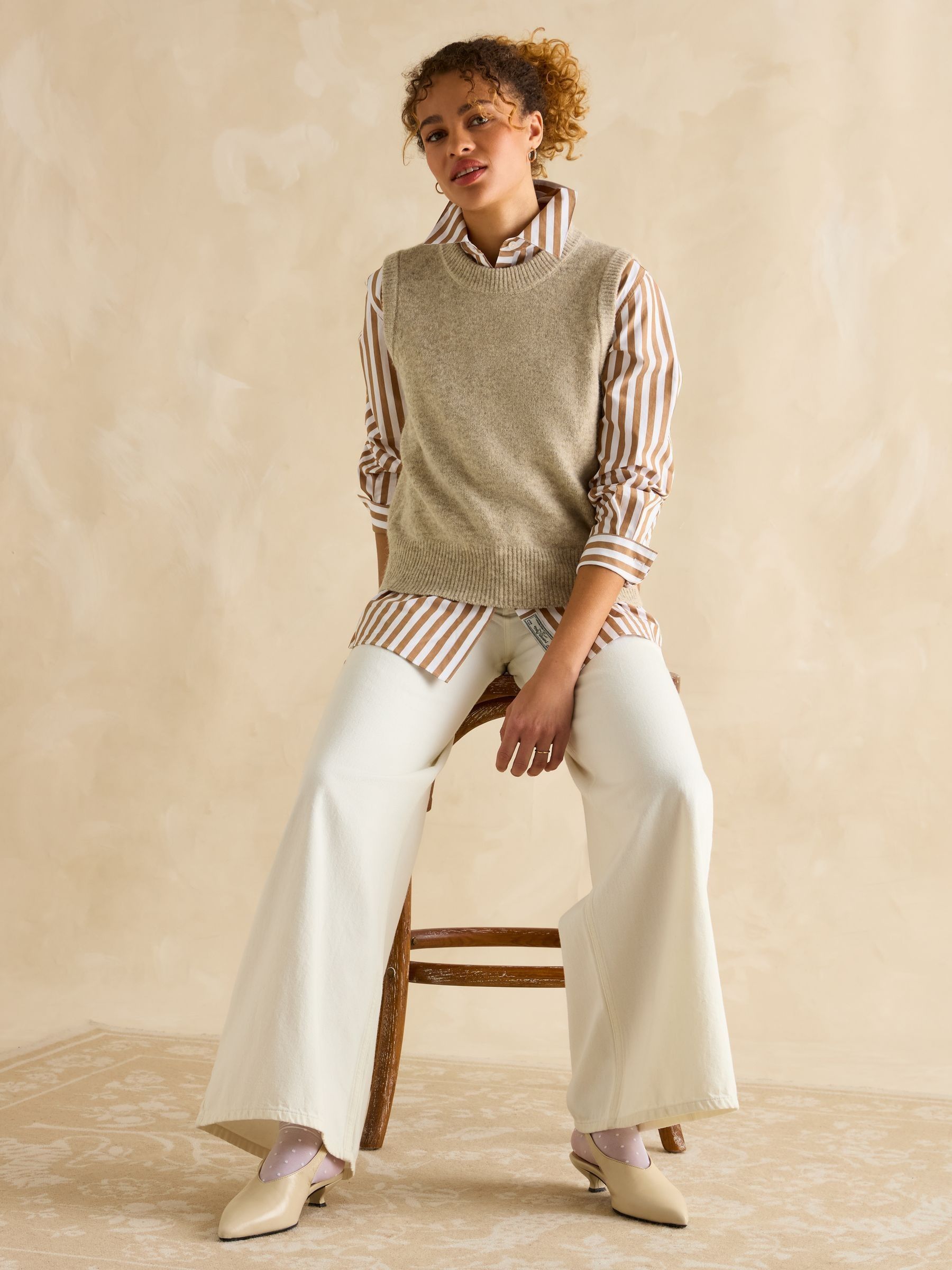 Amilla Tan & White Stripe Longline Relaxed Fit Shirt - Image 4 of 7