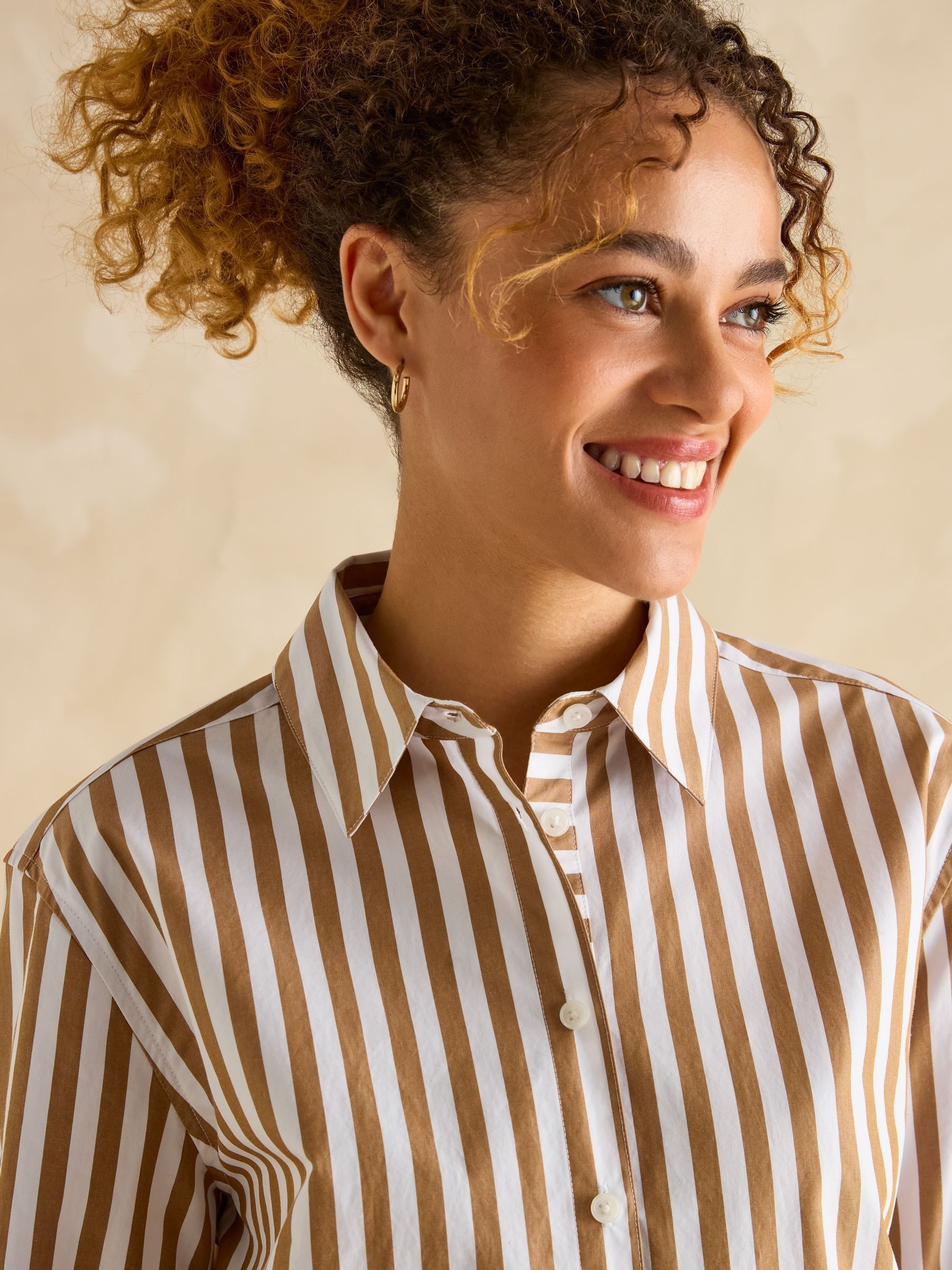 Amilla Tan & White Stripe Longline Relaxed Fit Shirt - Image 5 of 7