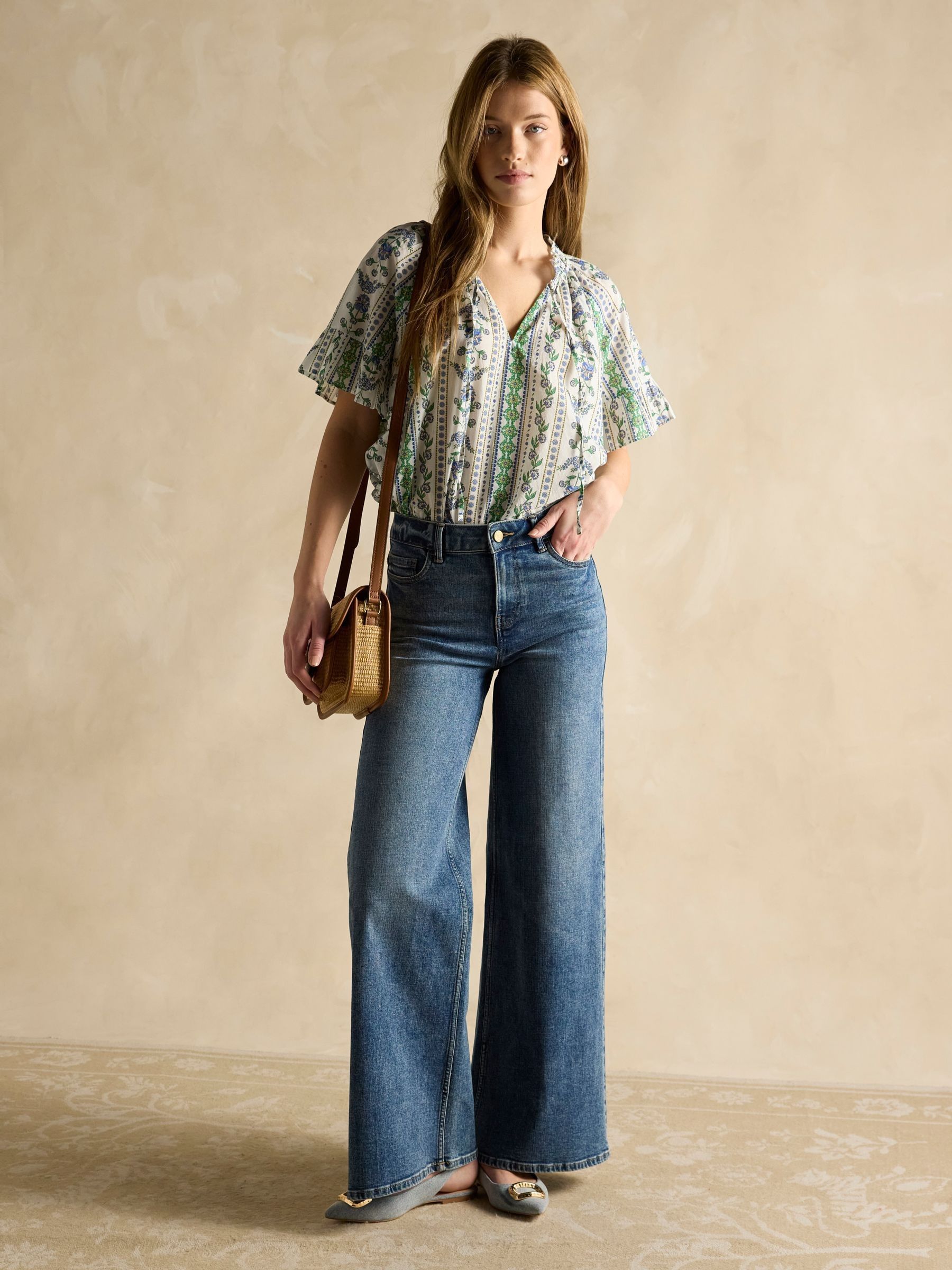 Melissa Blue/Green Short Sleeve Cotton Blouse - Image 3 of 6