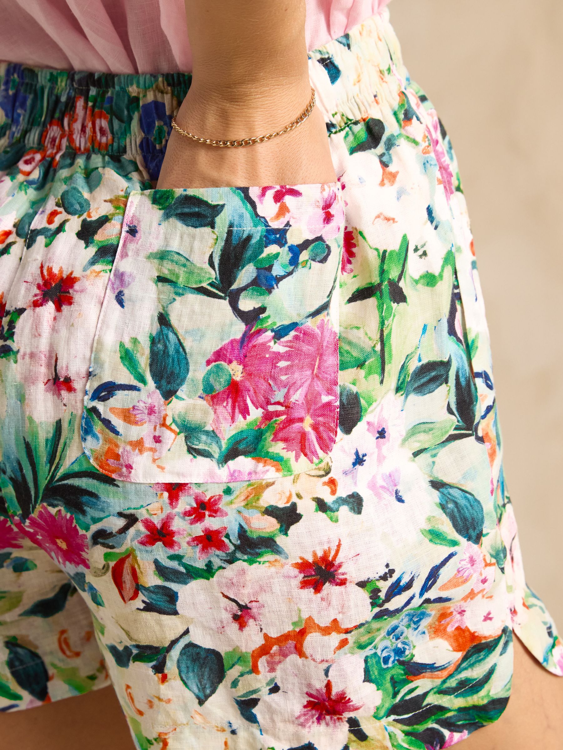 Multi Floral Pull On 100% Linen Shorts - Image 6 of 8