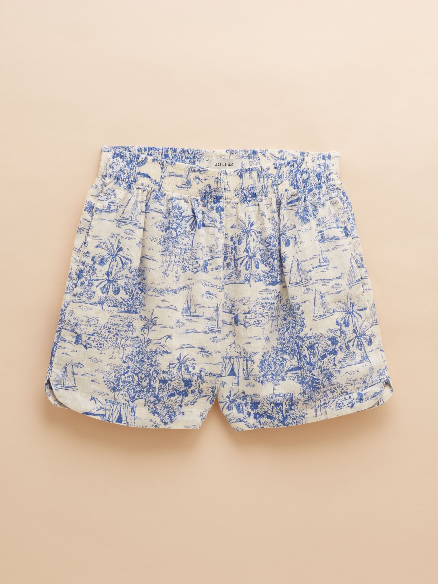 Blue Toile de Jouy Pull On 100% Linen Shorts | Joules
