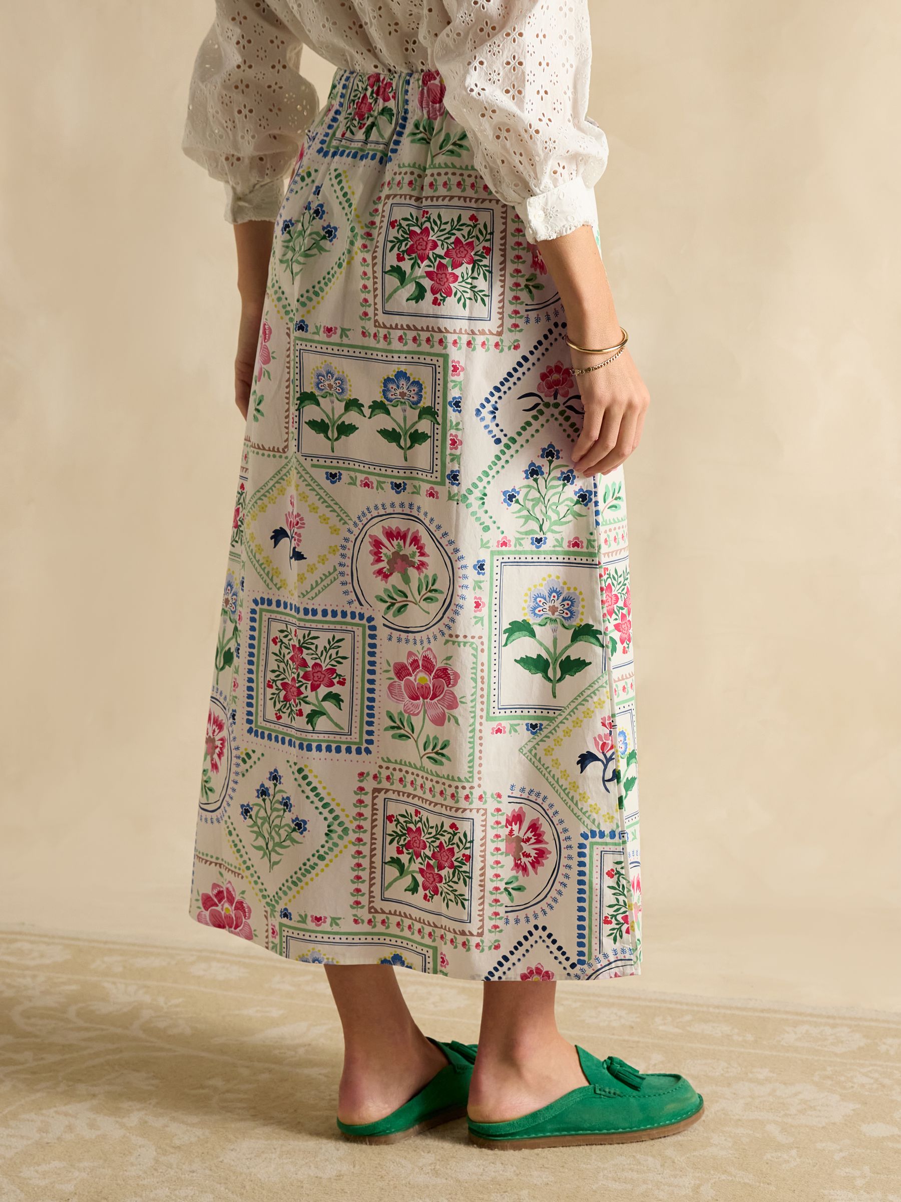 Cream Tile Print Cotton Poplin Midi Skirt - Image 2 of 7