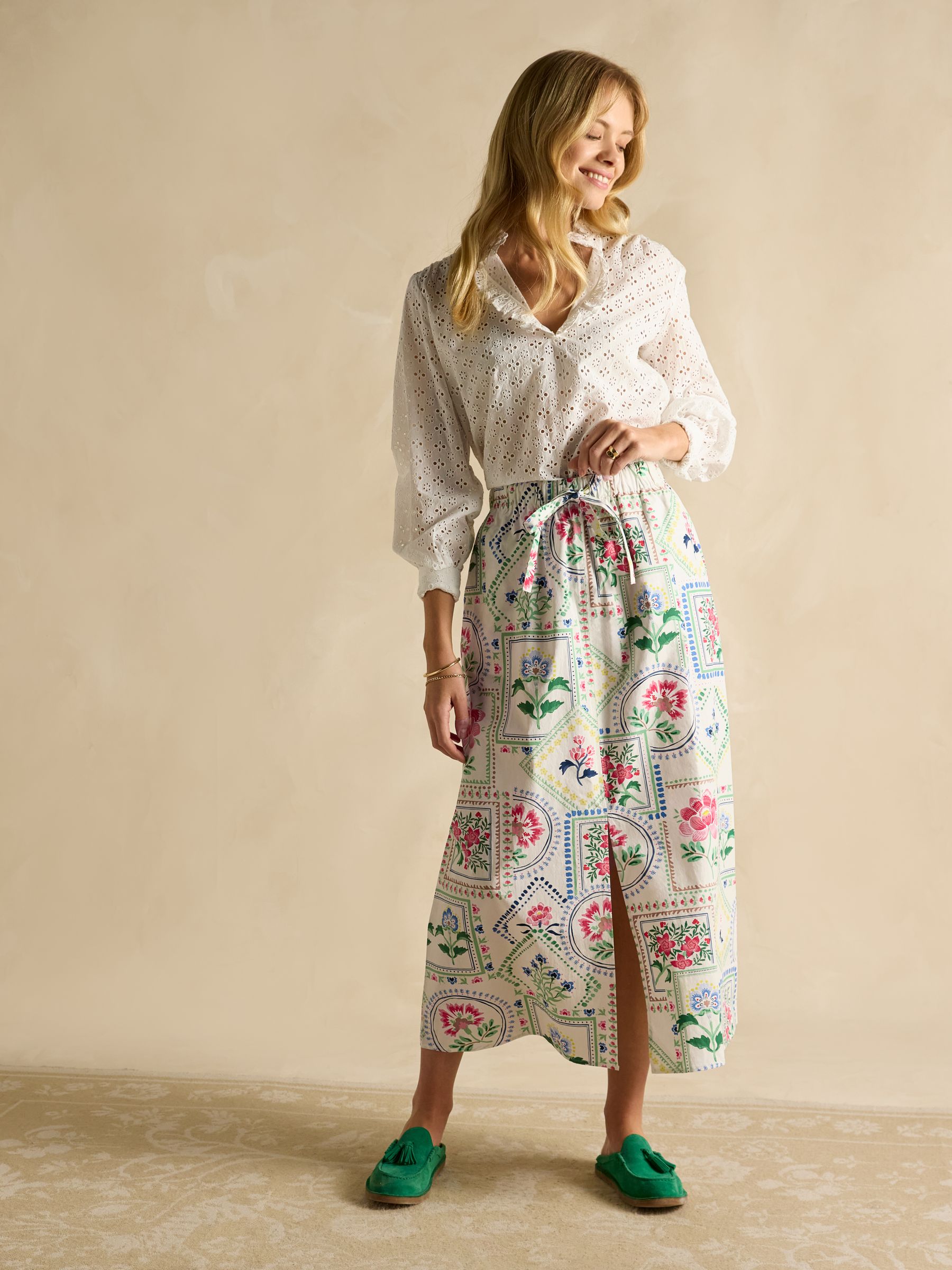 Cream Tile Print Cotton Poplin Midi Skirt - Image 3 of 7