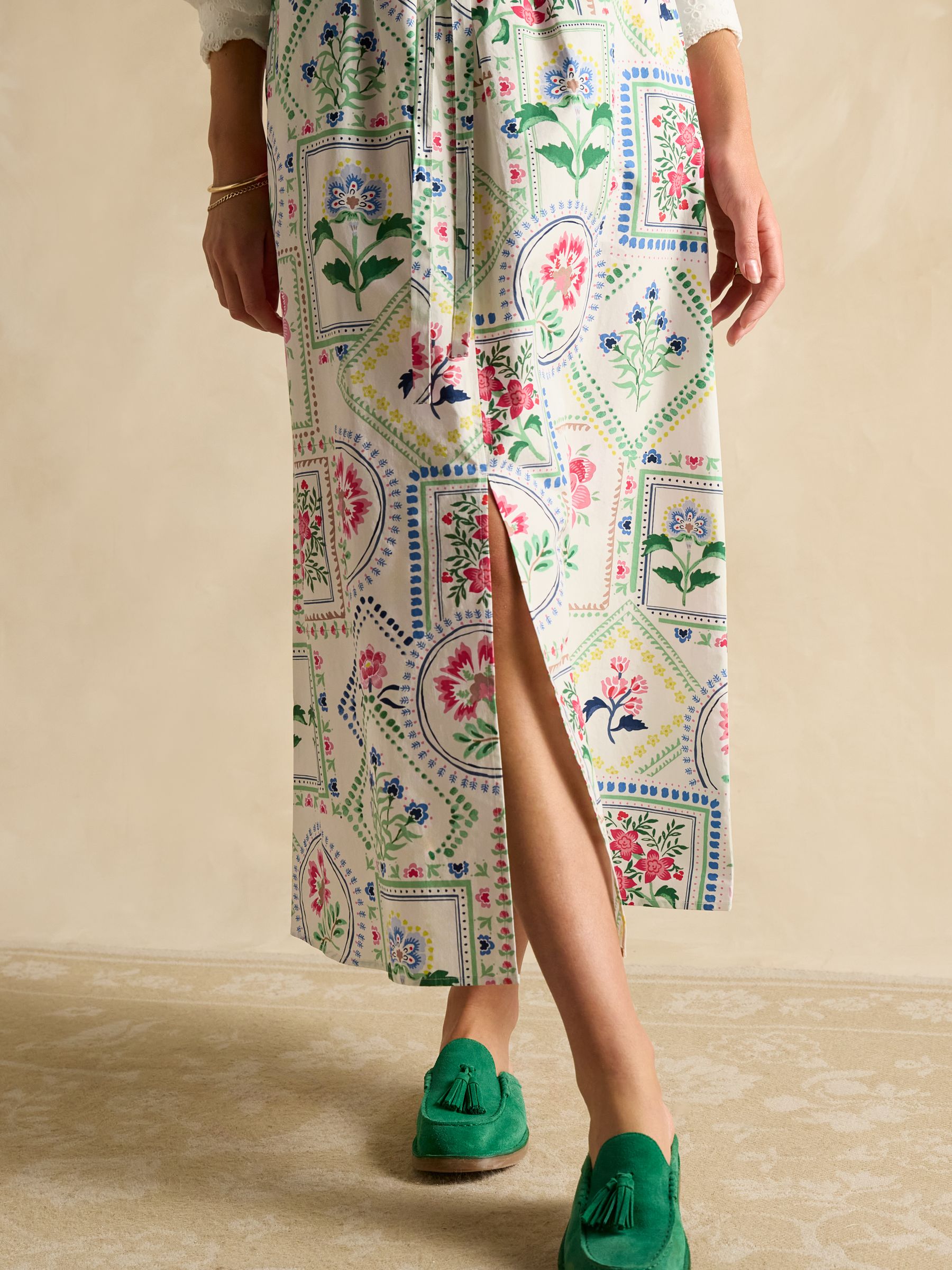 Cream Tile Print Cotton Poplin Midi Skirt - Image 4 of 7
