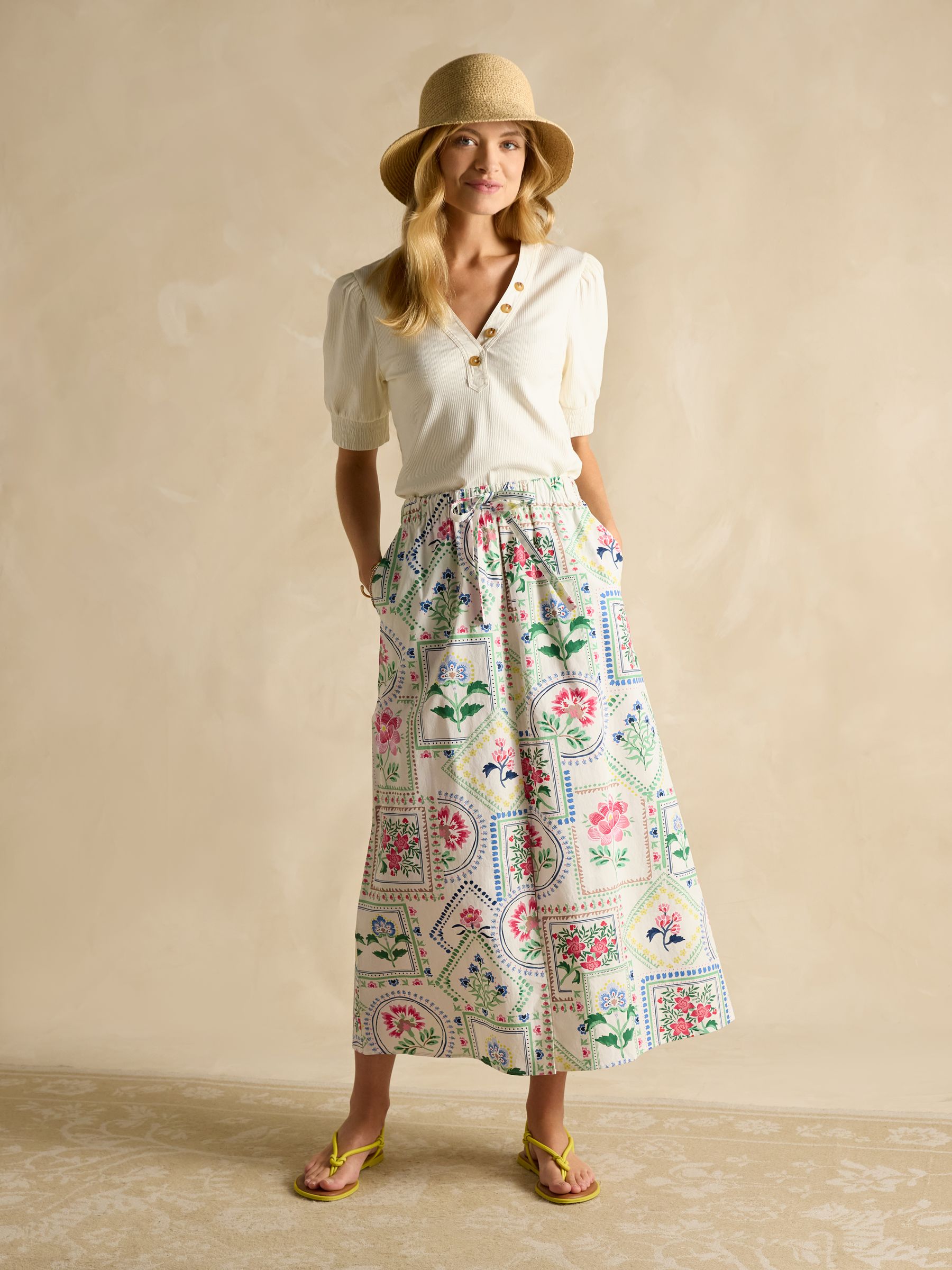 Cream Tile Print Cotton Poplin Midi Skirt - Image 5 of 7