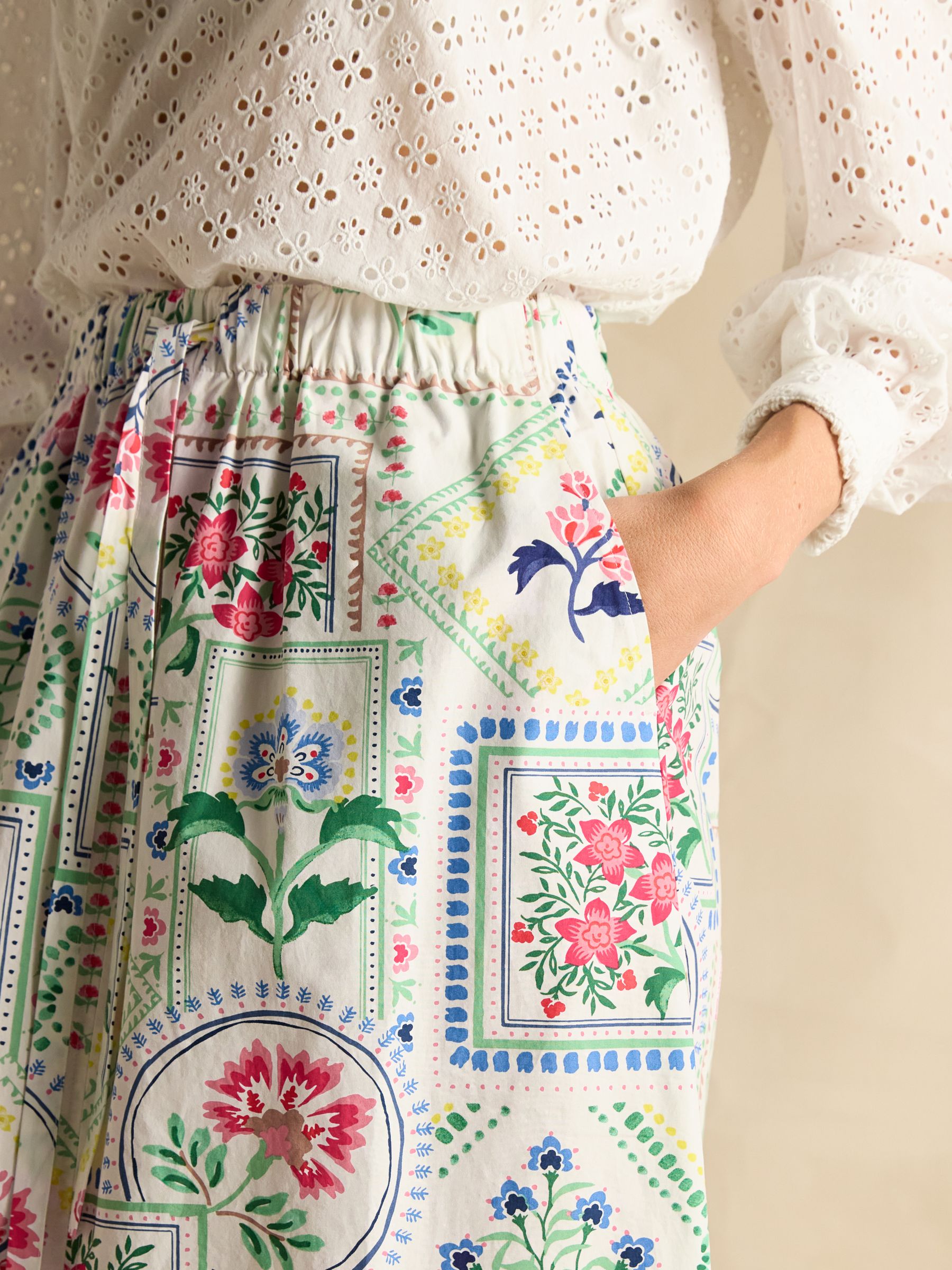 Cream Tile Print Cotton Poplin Midi Skirt - Image 6 of 7