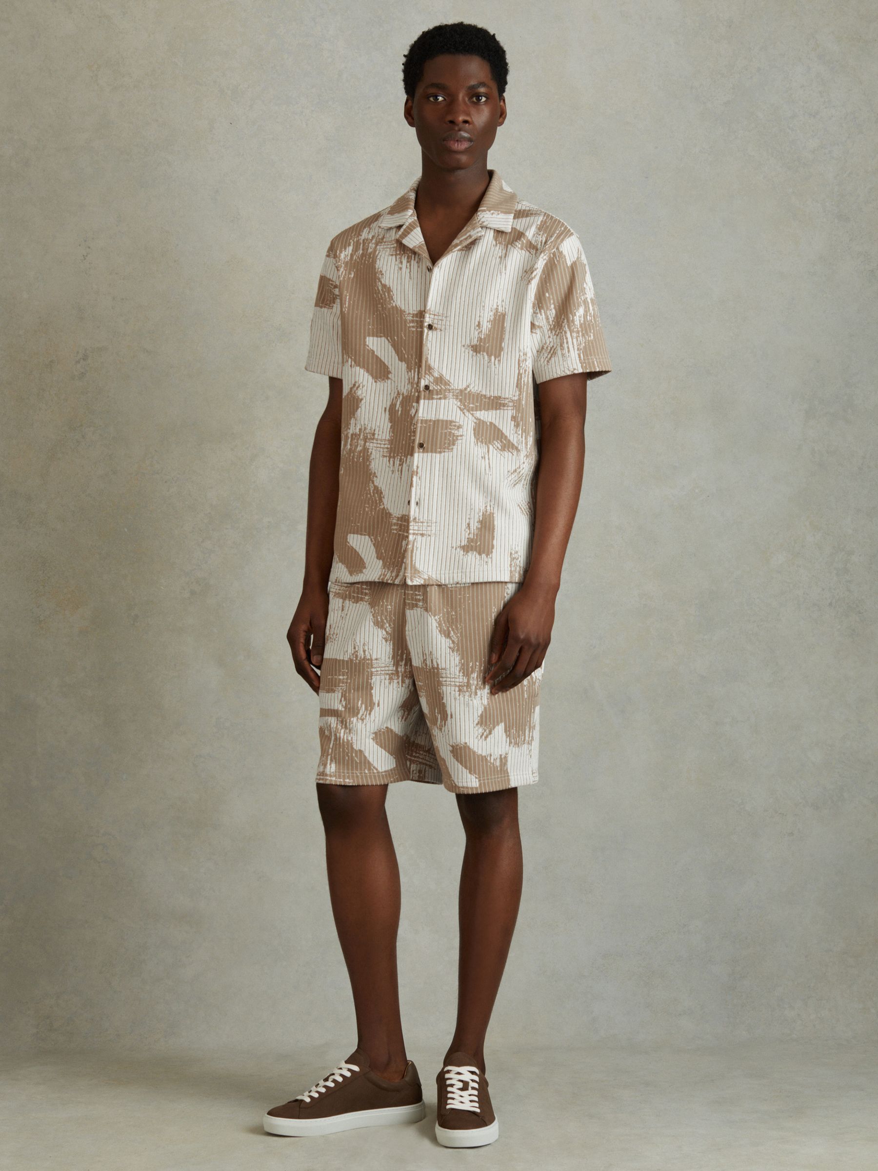 Brushstroke Print Cuban Collar Shirt in Sand/White - Image 1 of 5