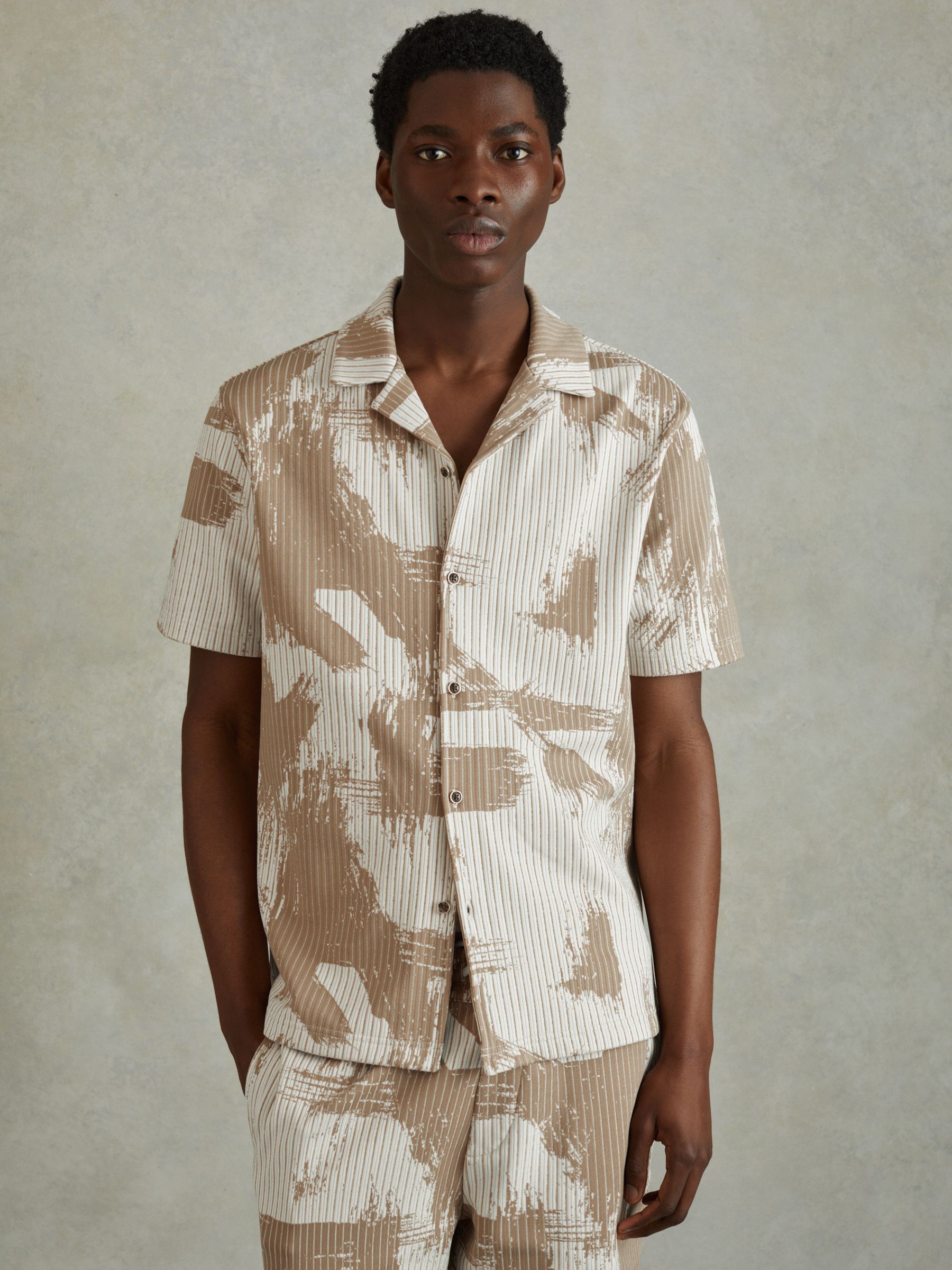 Brushstroke Print Cuban Collar Shirt in Sand/White - image 3
